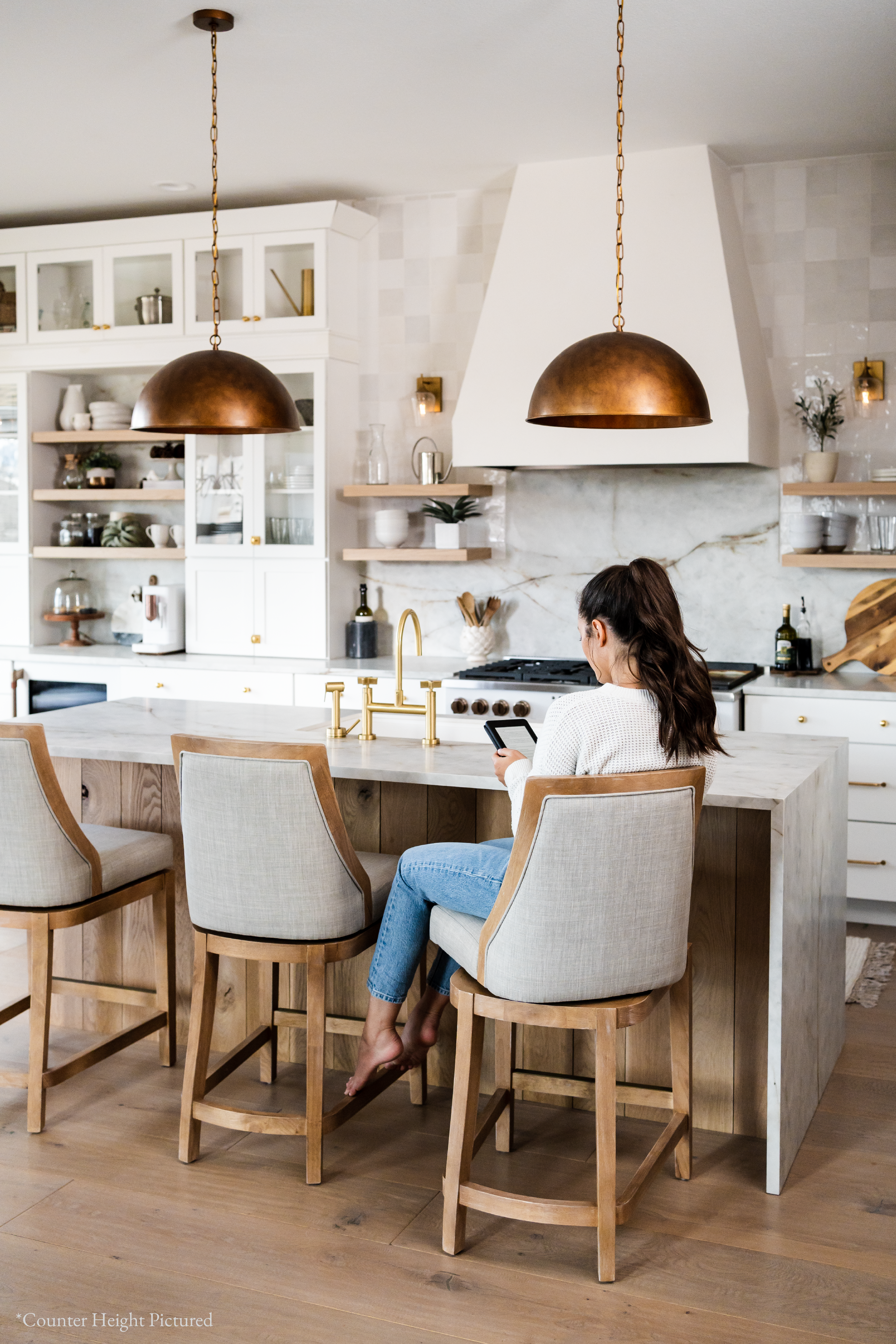 Vienna Swivel Bar Stool in Weathered Oak Finish with Sand Color Fabric Upholstery in Stools by Maven Lane
