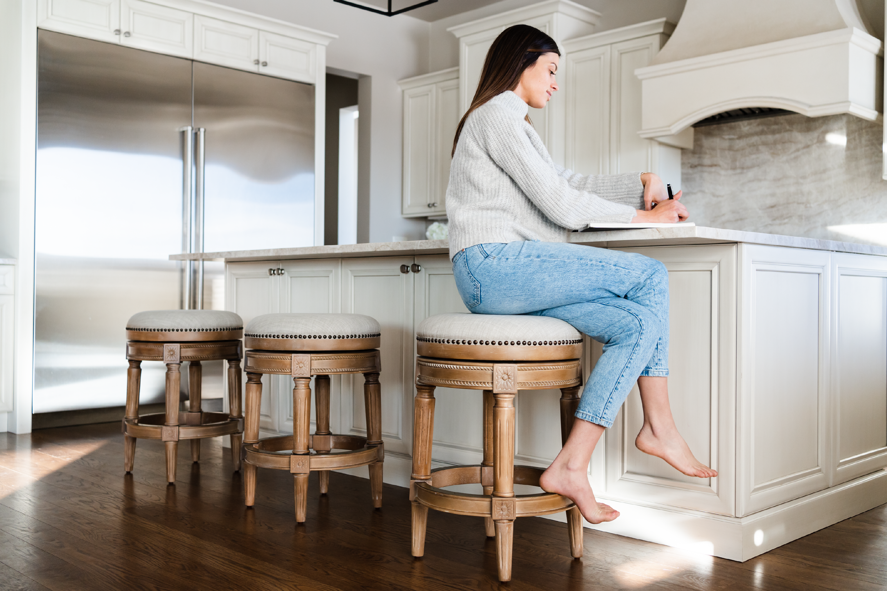 27" Pullman backless swivel counter height kitchen stool - weathered oak finish with sand color fabric upholstery in Stools by Maven Lane