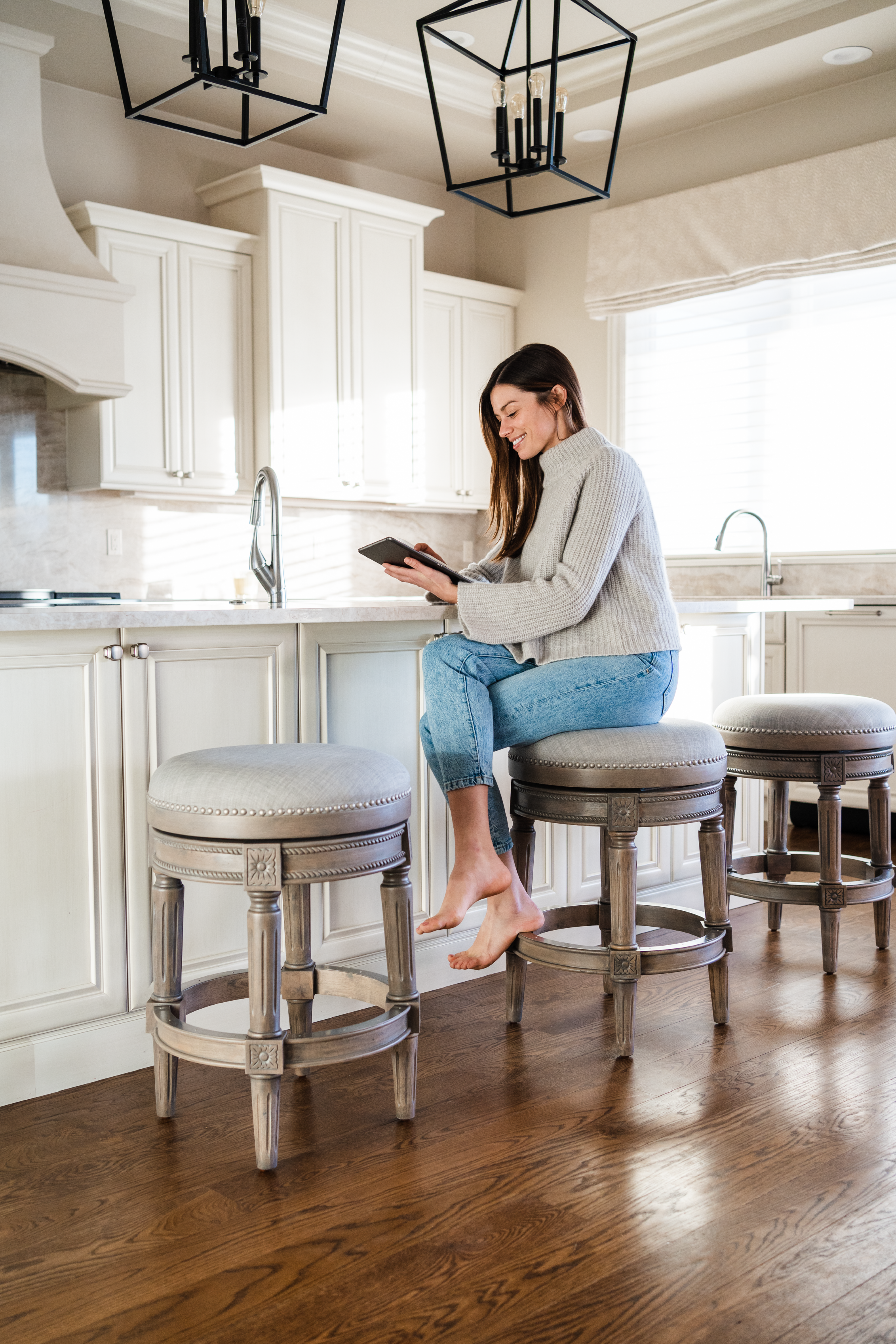 Pullman Backless Swivel Counter Height Kitchen Stool - Reclaimed Oak Finish With Ash Grey Fabric Upholstery in Stools by Maven Lane