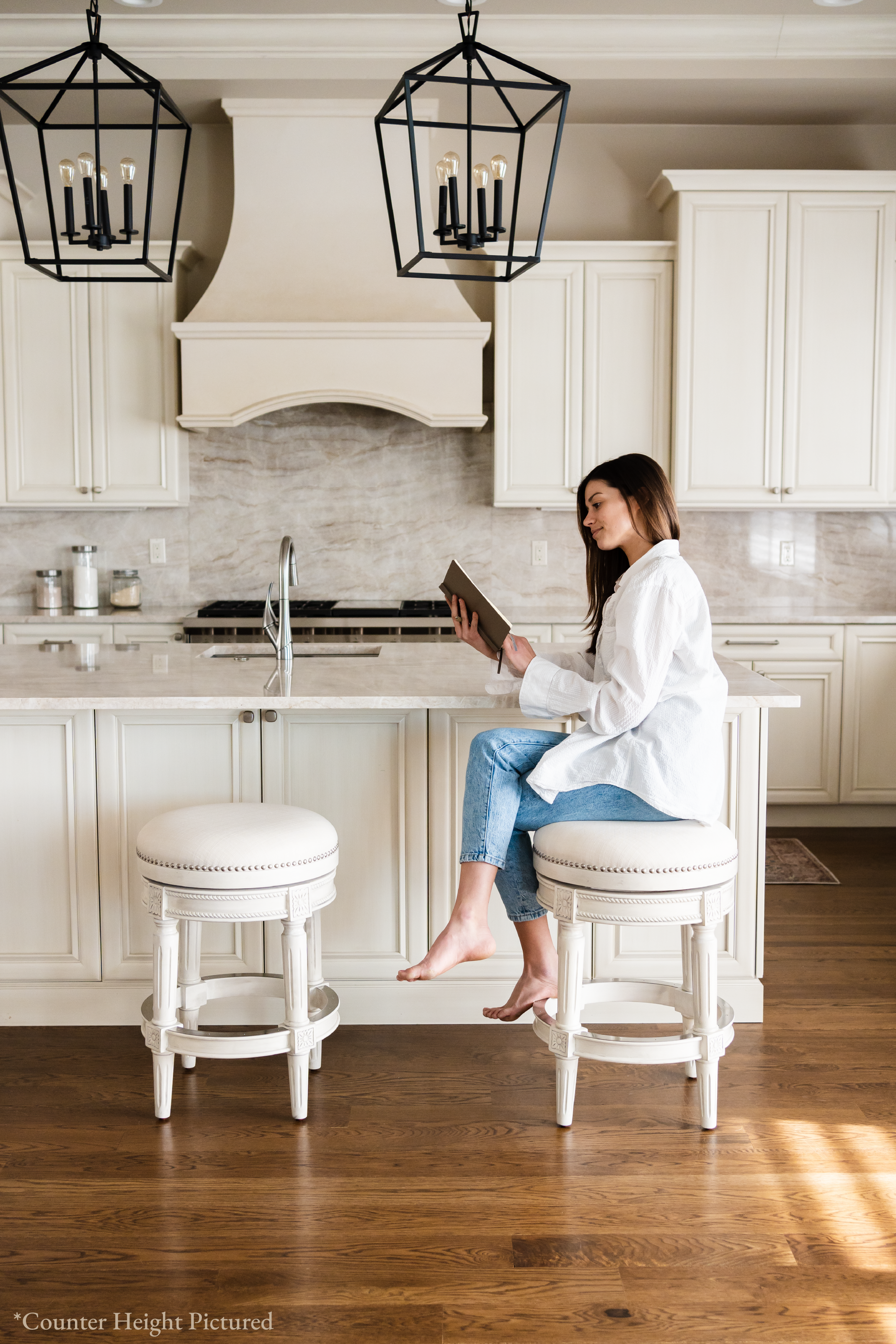 Pullman Backless Swivel Bar Stool In White Oak Finish With Natural Fabric Upholstery in Stools by Maven Lane