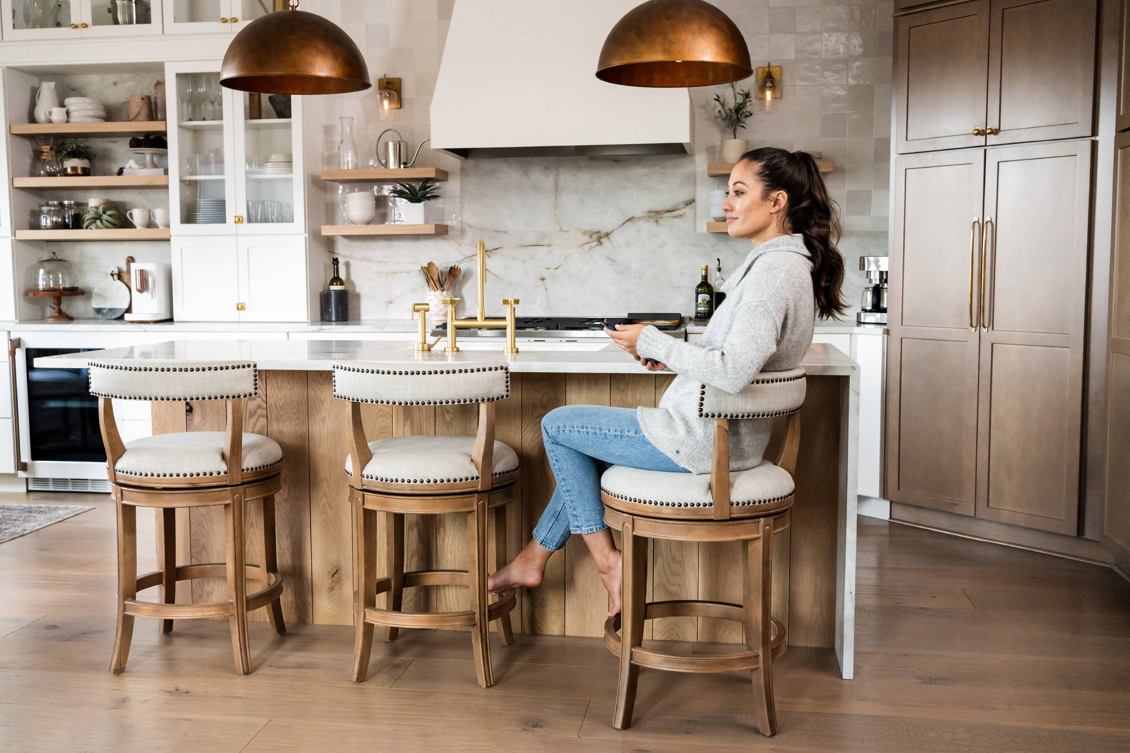 Alexander Counter Stool in Weathered Oak Finish with Sand Color Fabric Upholstery in Stools by Maven Lane