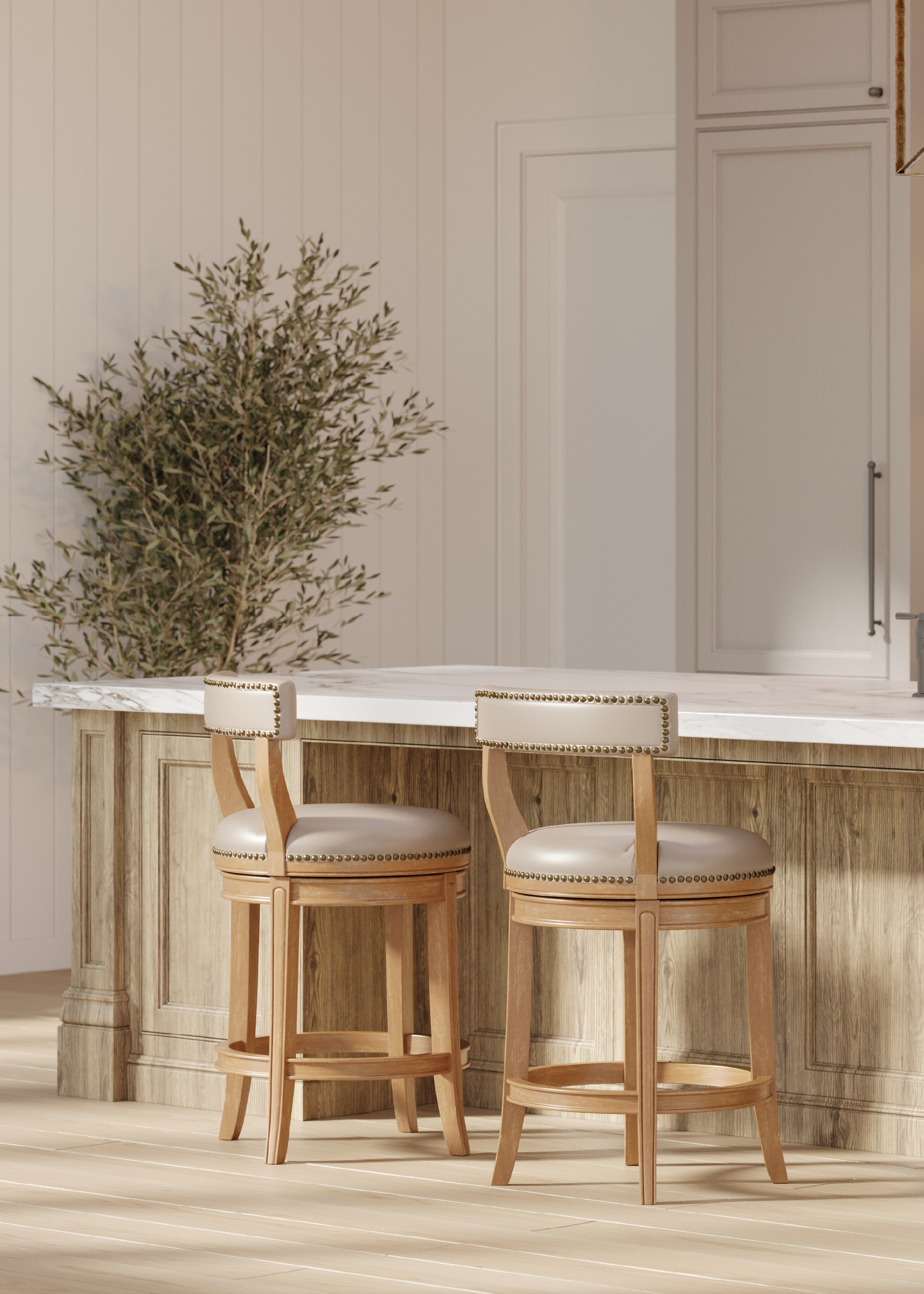 Alexander Swivel Counter Height Kitchen Stool - Weathered Oak Finish with Avanti Bone Vegan Leather in Stools by Maven Lane