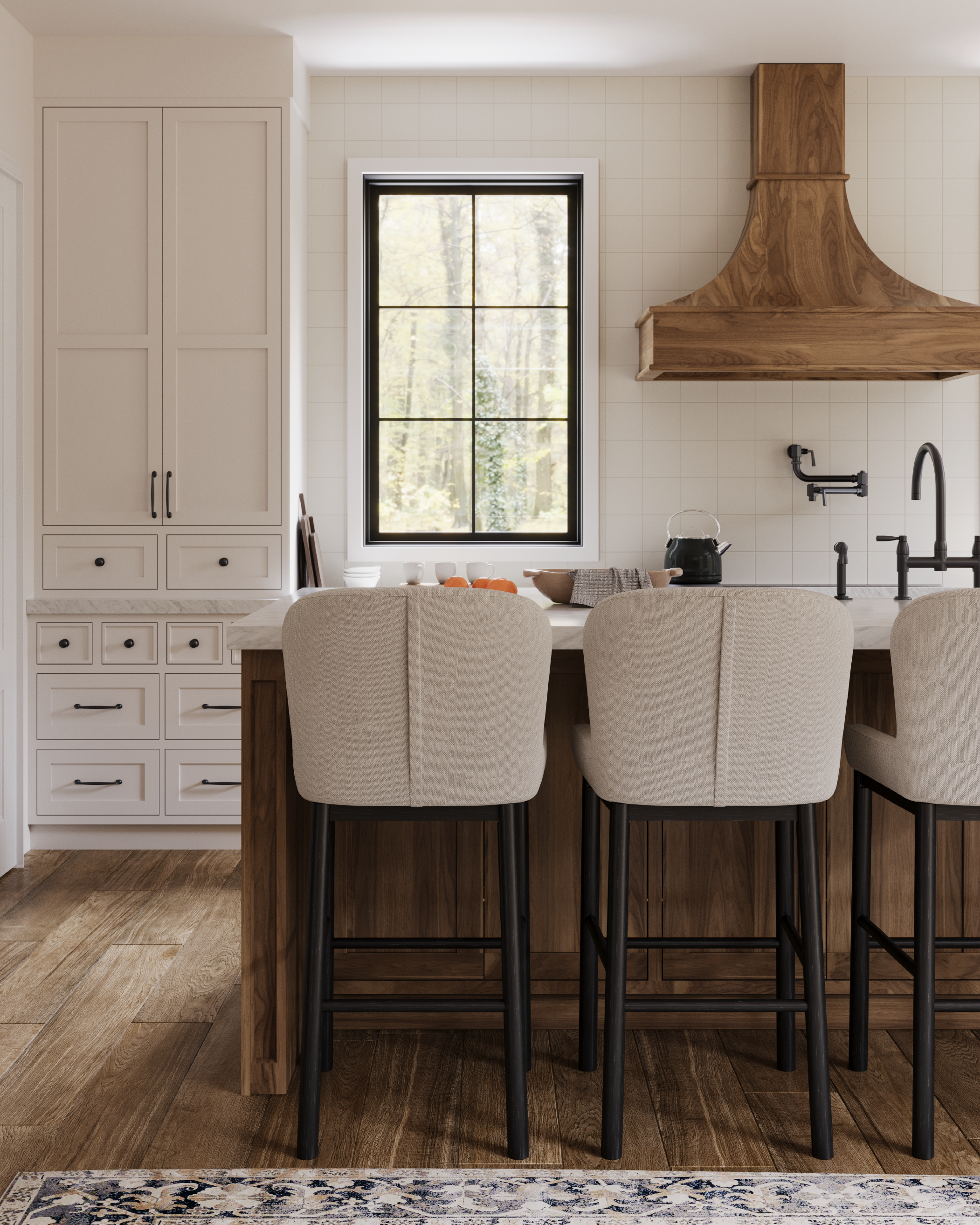 Gia Bar Stool in Aged Black Finish With Dove Weave Fabric in Stools by Maven Lane
