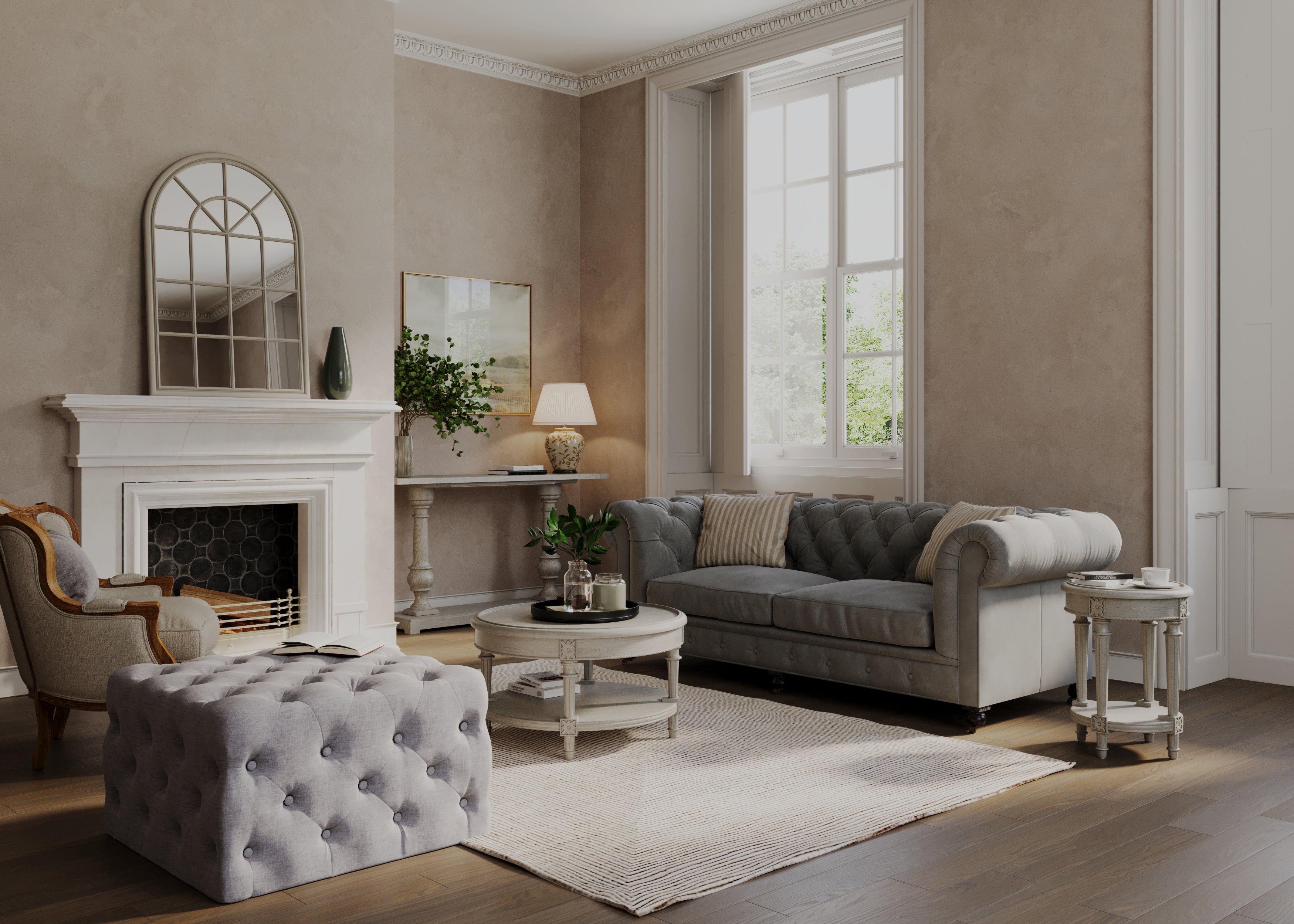 Pullman Traditional Round Wooden Coffee Table in Antiqued White Finish in Accent Tables by Maven Lane