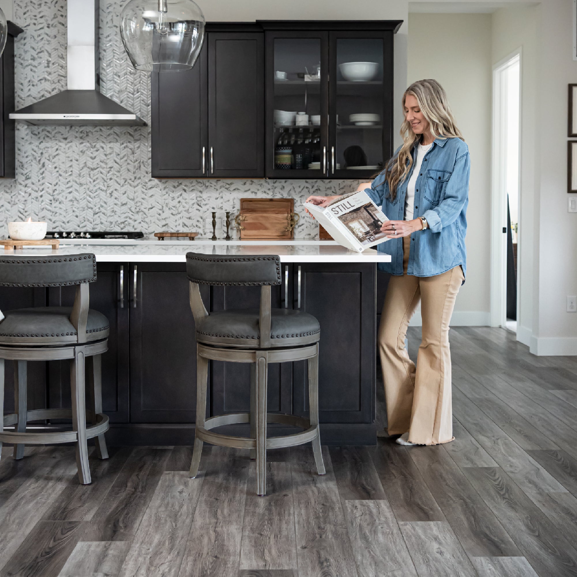Alexander Counter Stool in Grey Finish with Grey Faux Leather Upholstery in Stools by Maven Lane