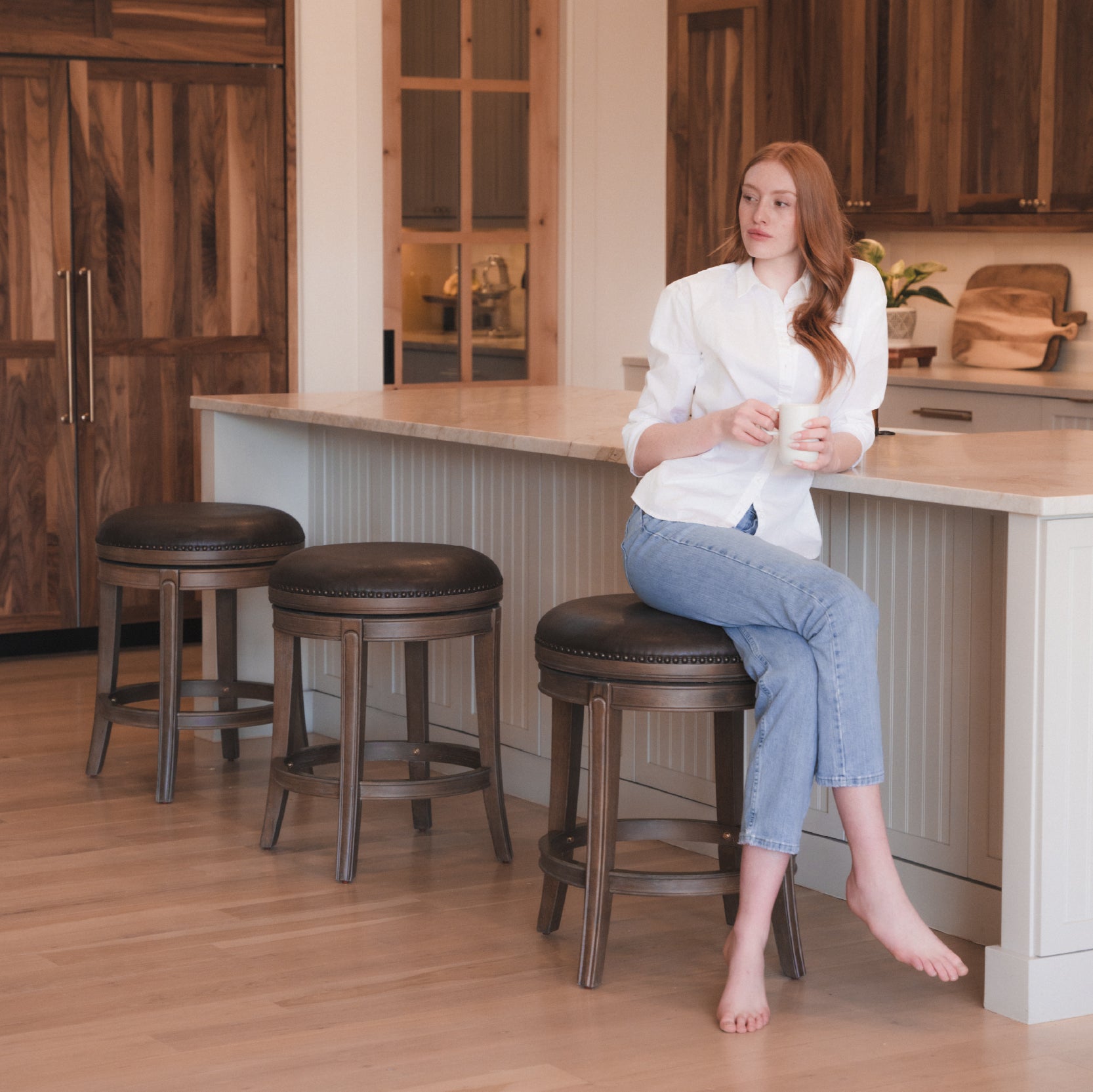 26" Alexander Backless Counter Stool in Walnut Finish with Marksman Saddle Vegan Leather in Stools by Maven Lane