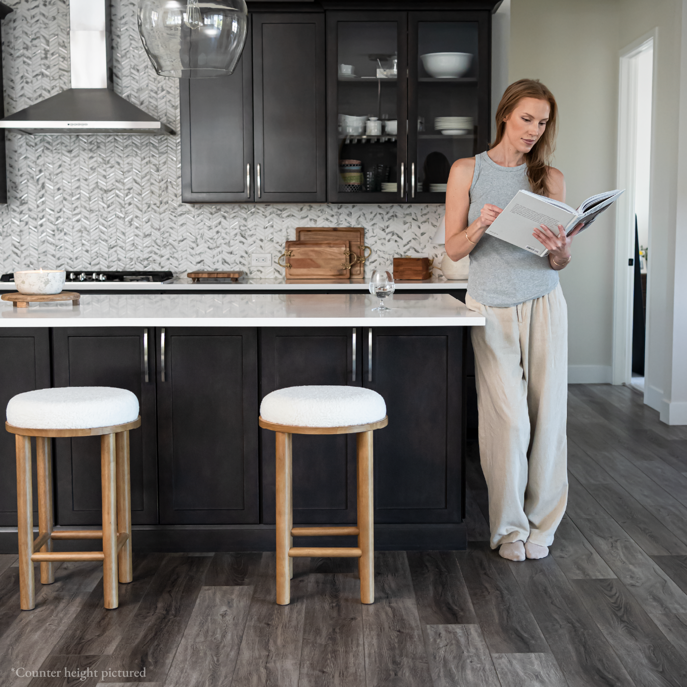 31" Clara Bar Stool in Aged Natural Wood Finish with White Boucle Fabric in Stools by Maven Lane