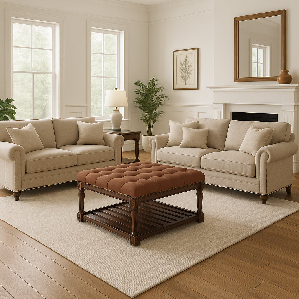 Mesa Square Upholstered Coffee Table in Aged Brown with Clay Brown Fabric in Coffee Table by Maven Lane