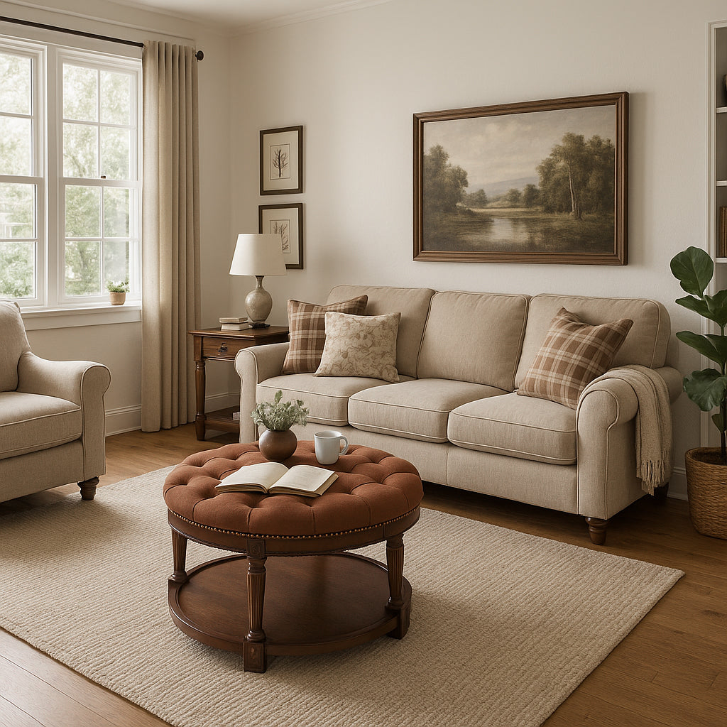 Mesa Round Upholstered Coffee Table in Aged Brown with Clay Brown Fabric in Coffee Table by Maven Lane