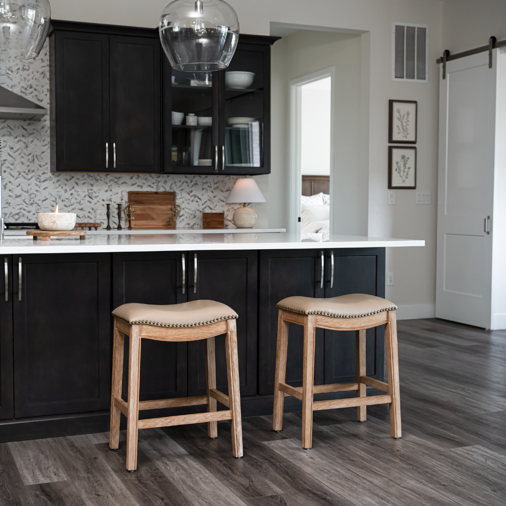 26" Adrien saddle counter height kitchen stool - weathered oak finish with avanti bone vegan leather in Stools by Maven Lane