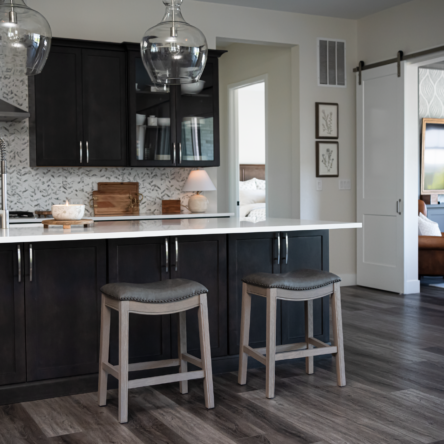 26" Adrien saddle counter height kitchen stool - reclaimed oak finish with ronan stone vegan leather in Stools by Maven Lane