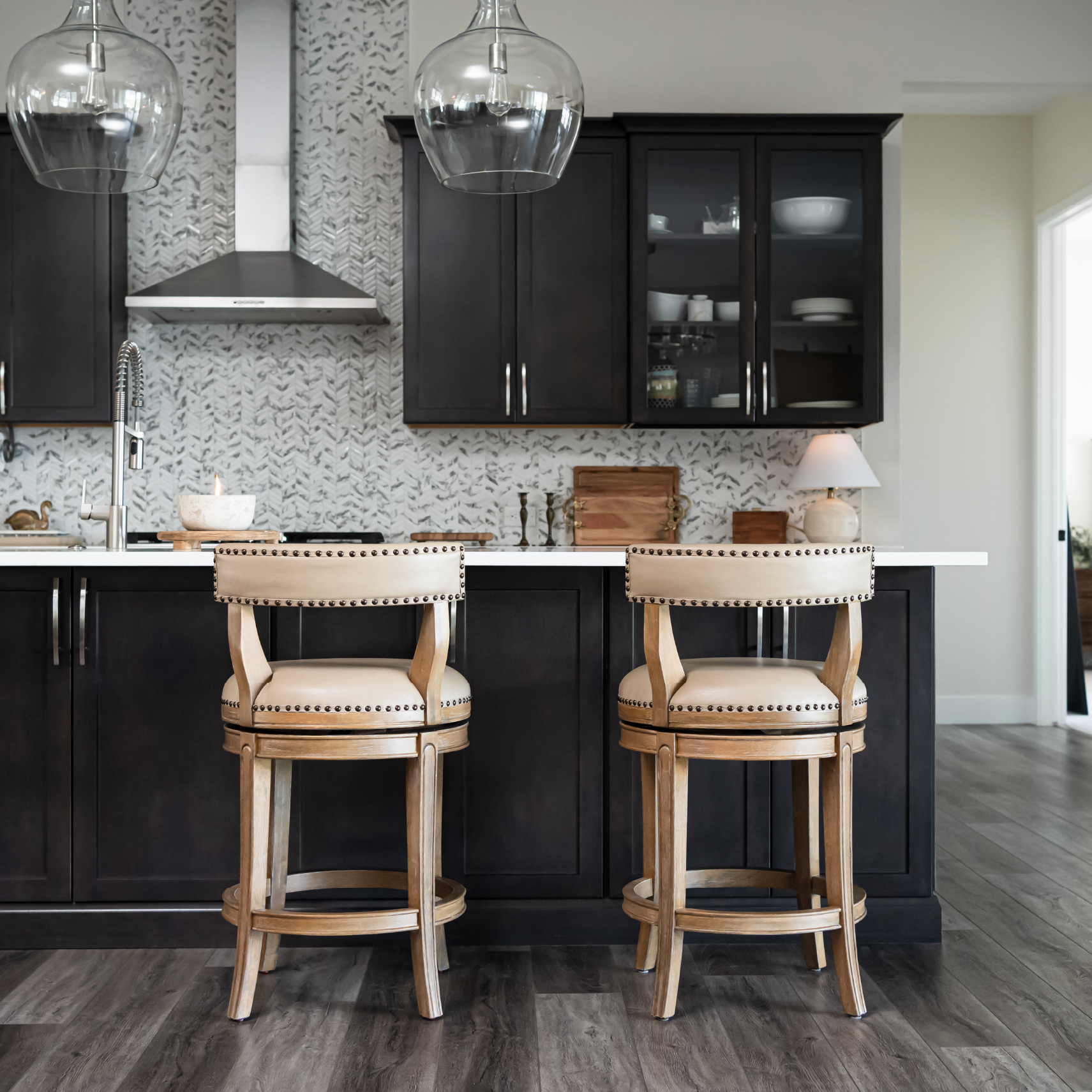 27" Alexander swivel counter height kitchen stool - weathered oak finish with avanti bone vegan leather in Stools by Maven Lane