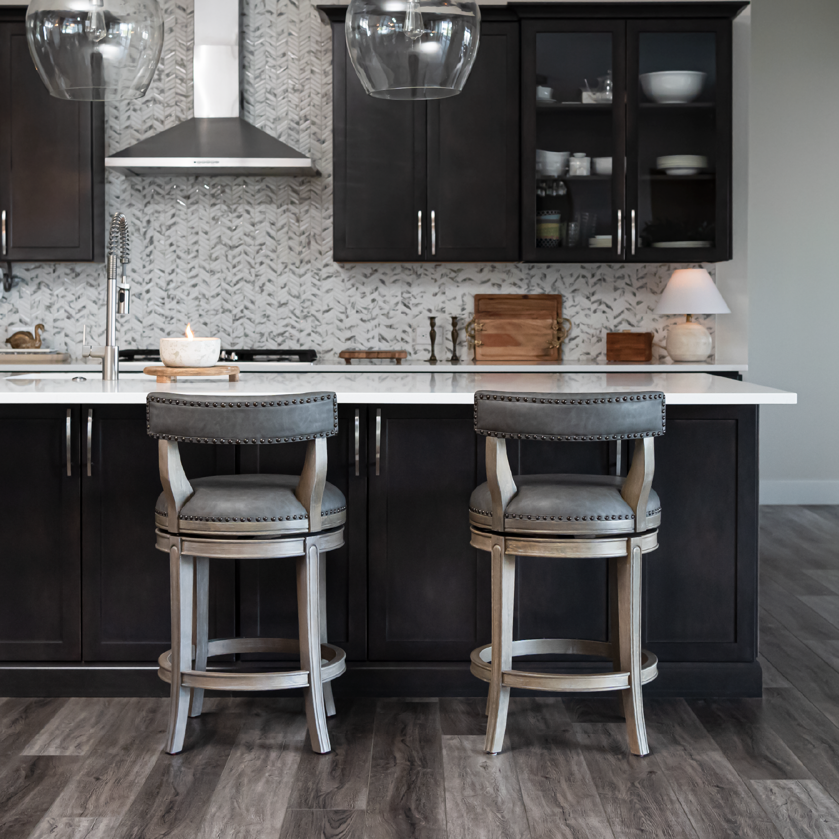 27" Alexander swivel counter height kitchen stool - reclaimed oak finish with ronan stone vegan leather in Stools by Maven Lane