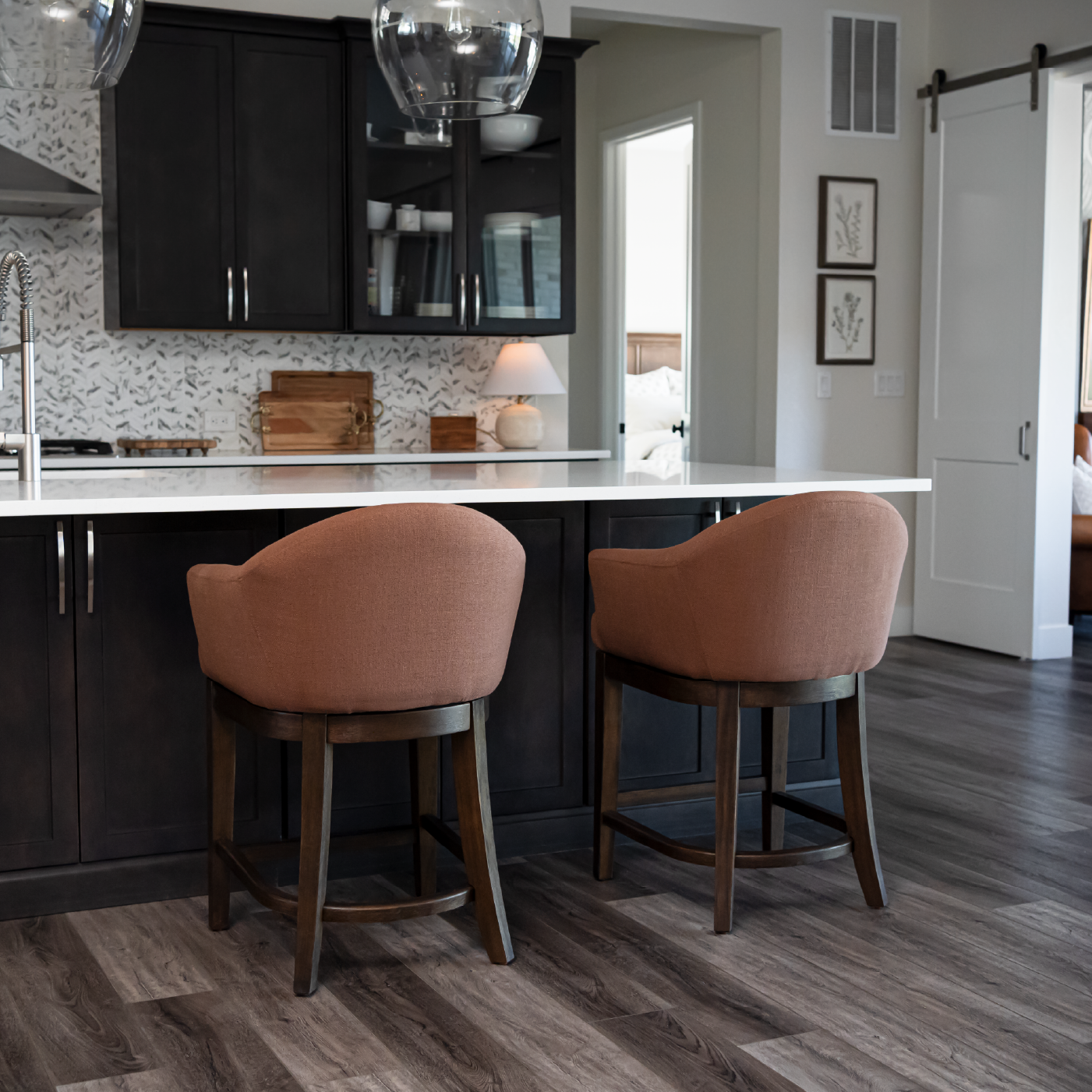26" Isabella swivel counter height kitchen stool - aged brown finish with clay canvas fabric in Maven Lane by Maven Lane