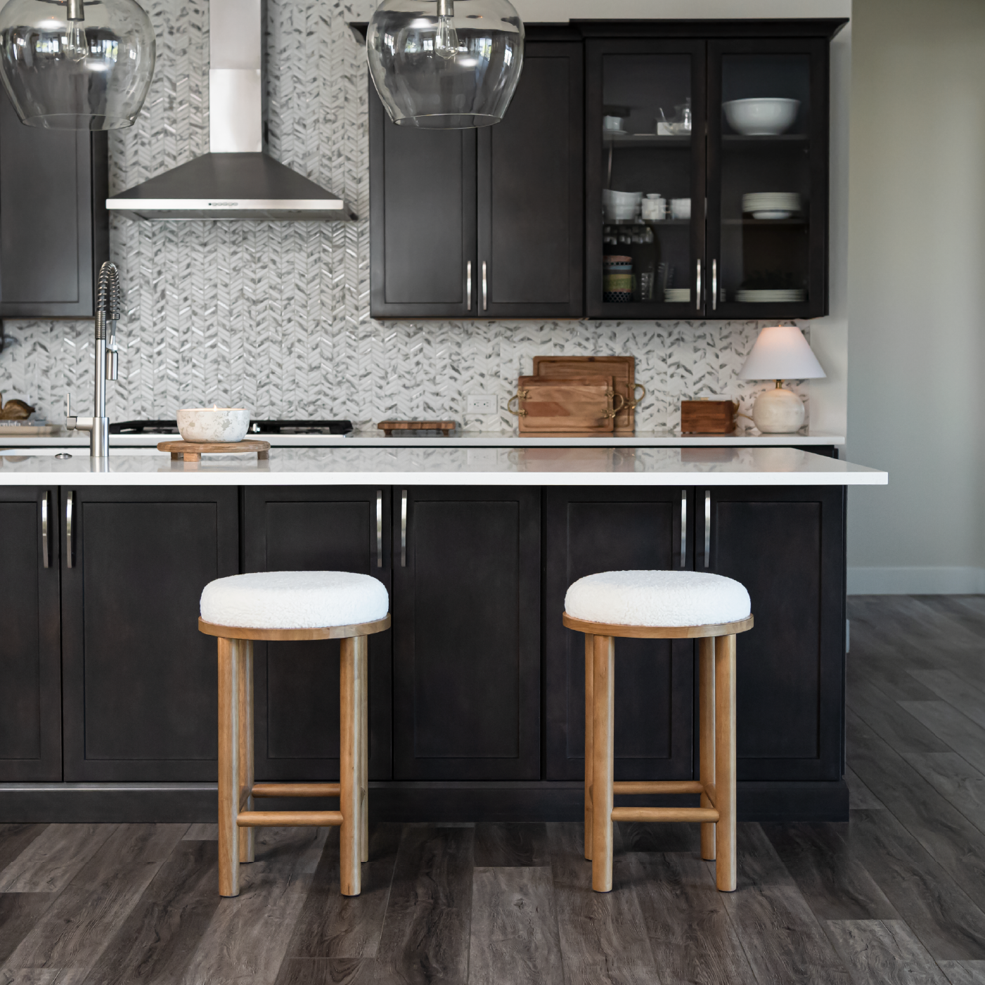 27" Clara counter height kitchen stool - aged natural wood finish with white boucle fabric in Counter Stools by Maven Lane