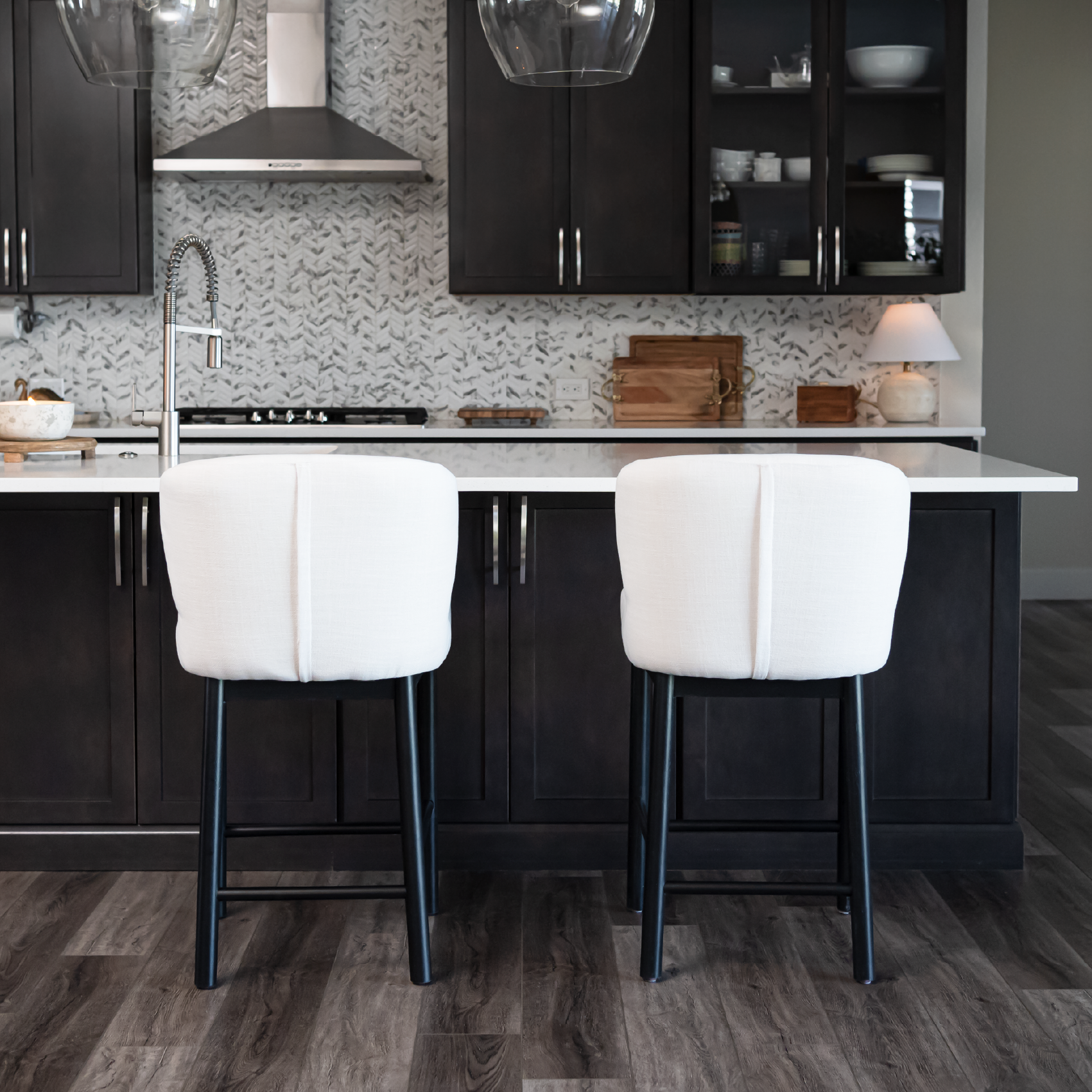 Gia Counter Height Kitchen Stool - Aged Black Finish with Dove Weave Fabric in Stools by Maven Lane
