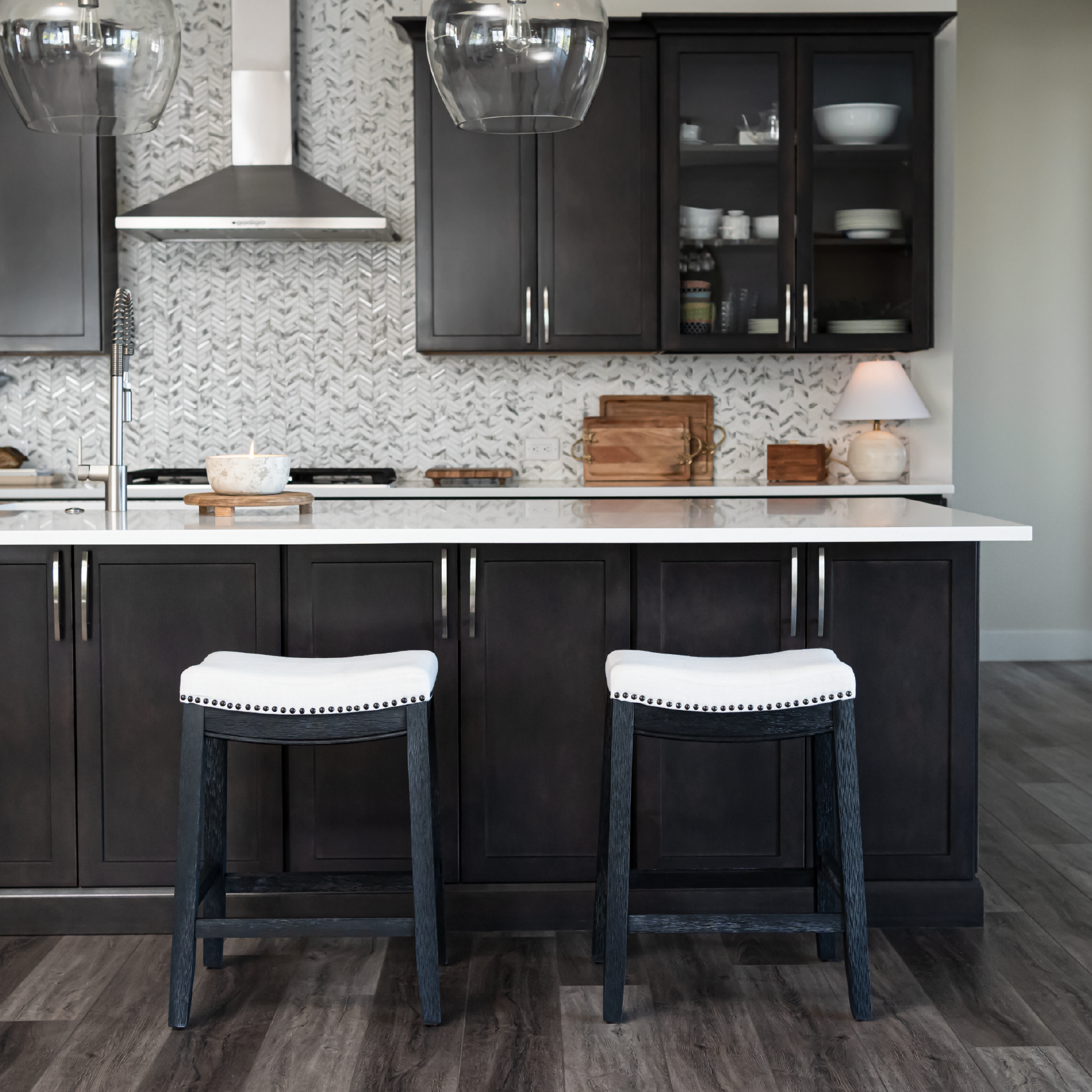 26" Sophia saddle backless counter height kitchen stool - aged black finish with snow white fabric in Stools by Maven Lane