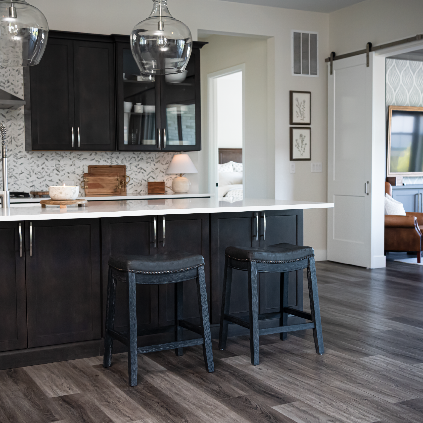 26" Sophia saddle backless counter height kitchen stool - aged black finish with charcoal black vegan leather in Stools by Maven Lane