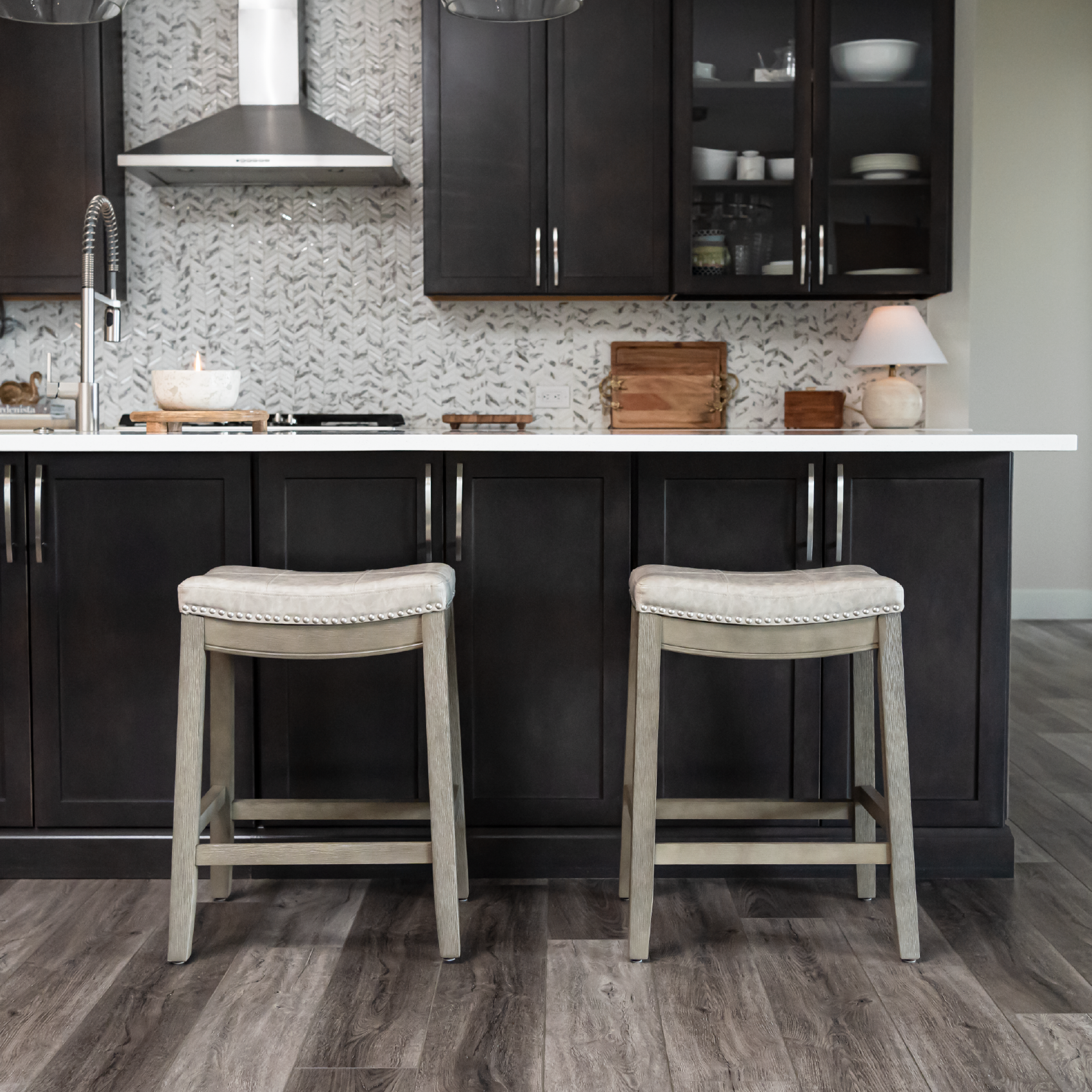 26" Sophia saddle backless counter height kitchen stool - aged grey finish with pebble grey vegan leather in Stools by Maven Lane
