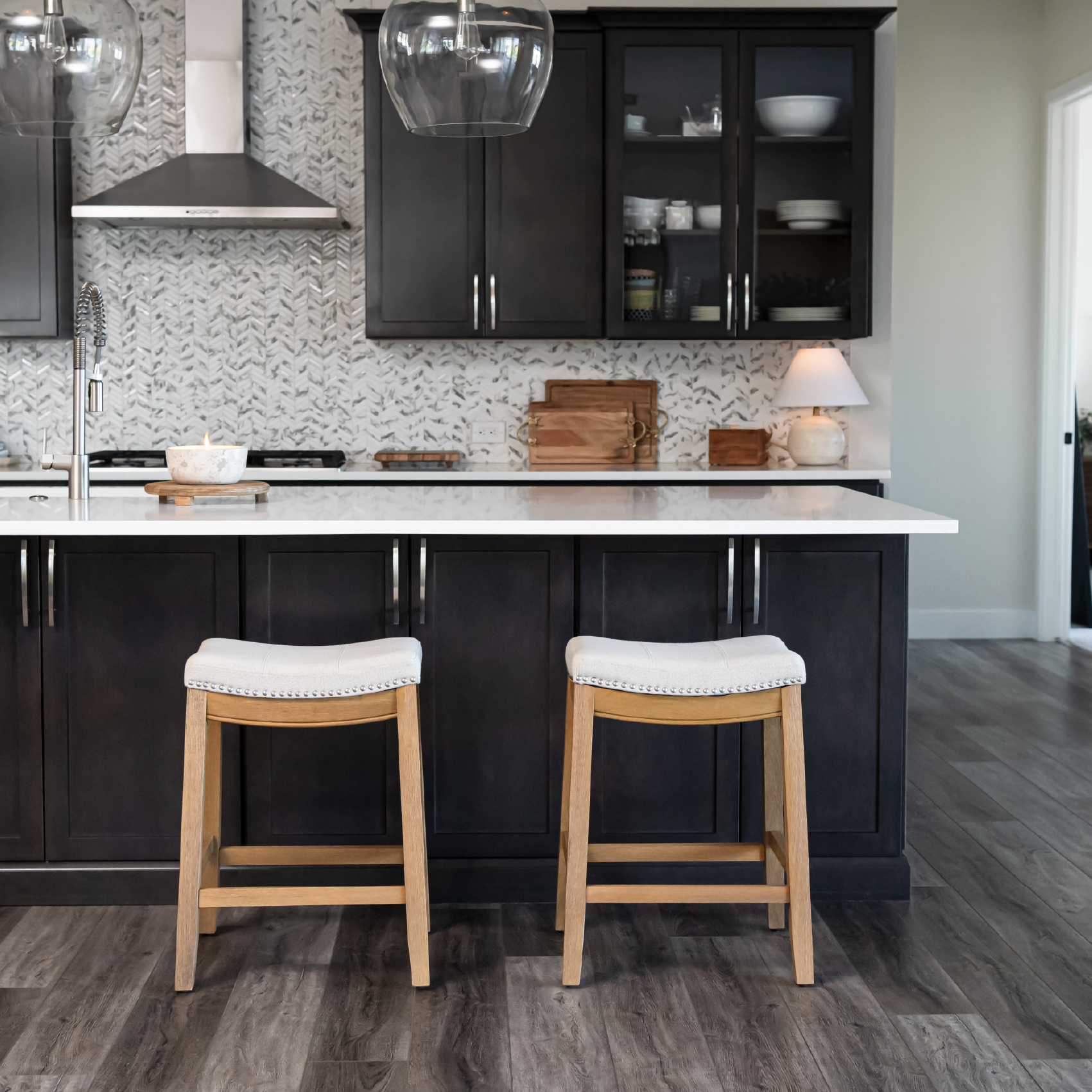 Sophia Saddle Backless Counter Height Kitchen Stool - Aged Natural Finish with Light Beige Fabric in Stools by Maven Lane