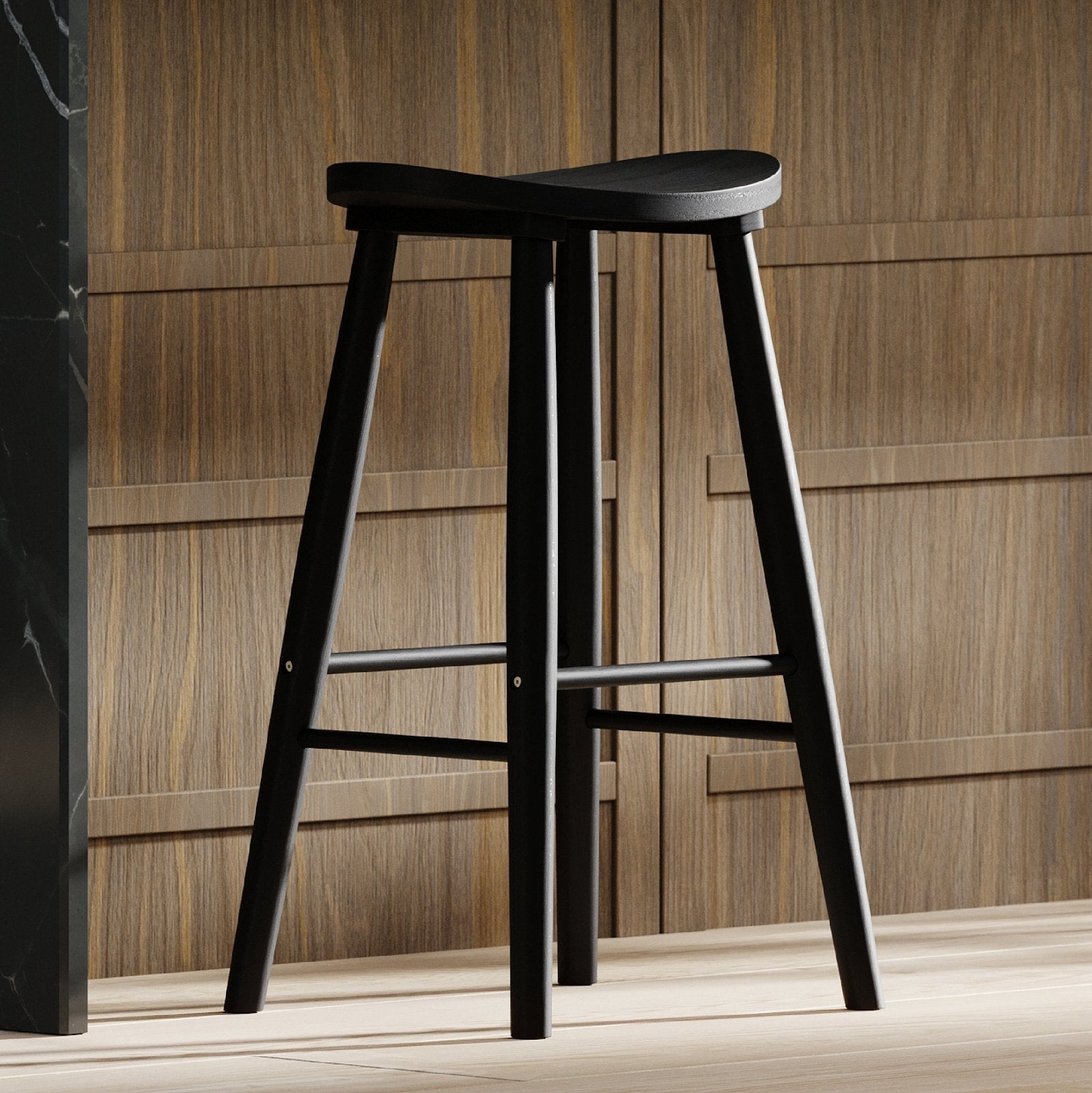 30" Luna Bar Stool in Rustic Black Wood Finish in Stools by Maven Lane