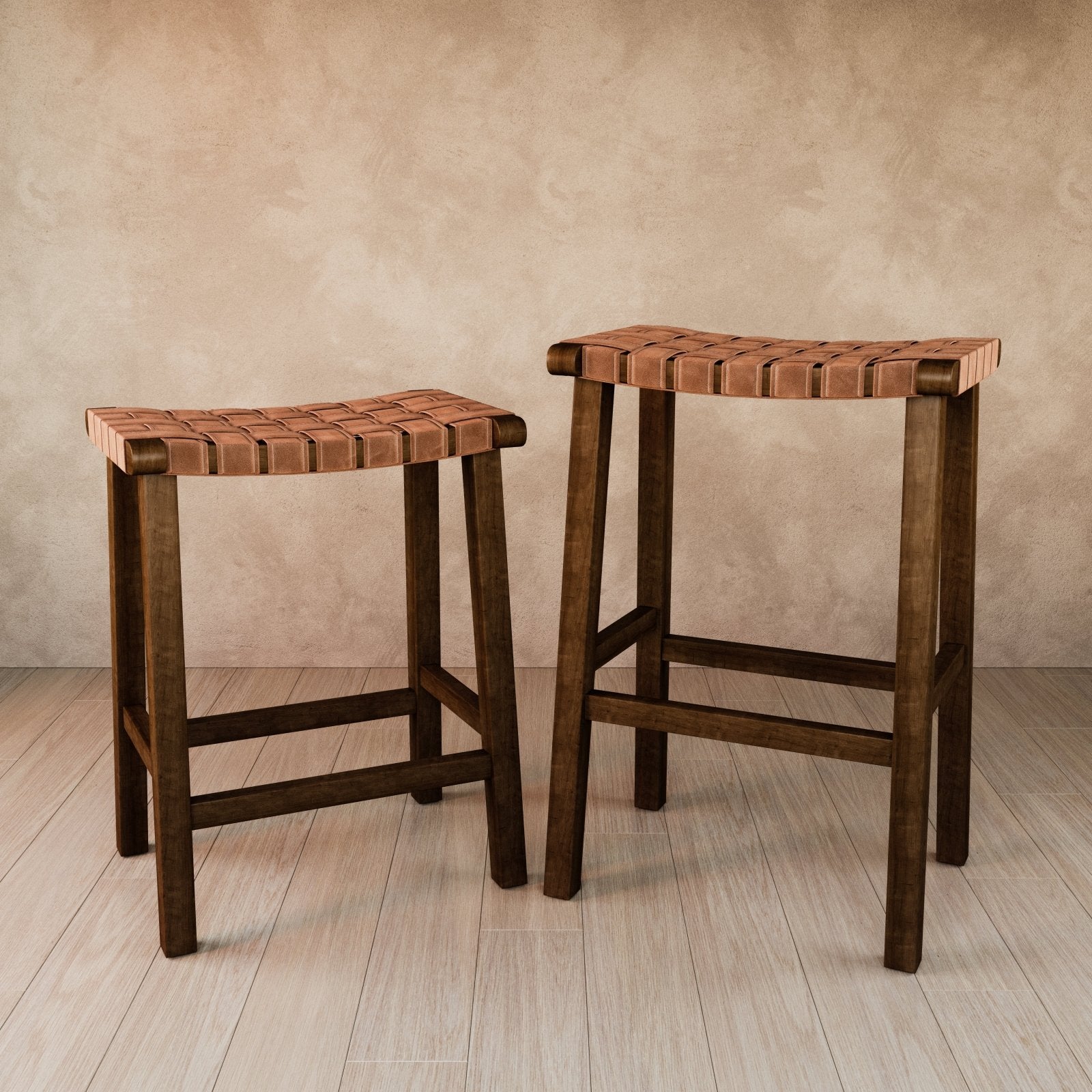 30" Noah Backless Bar Stool in Aged Brown Finish with Cocoa Brown Vegan Leather in Stools by Maven Lane