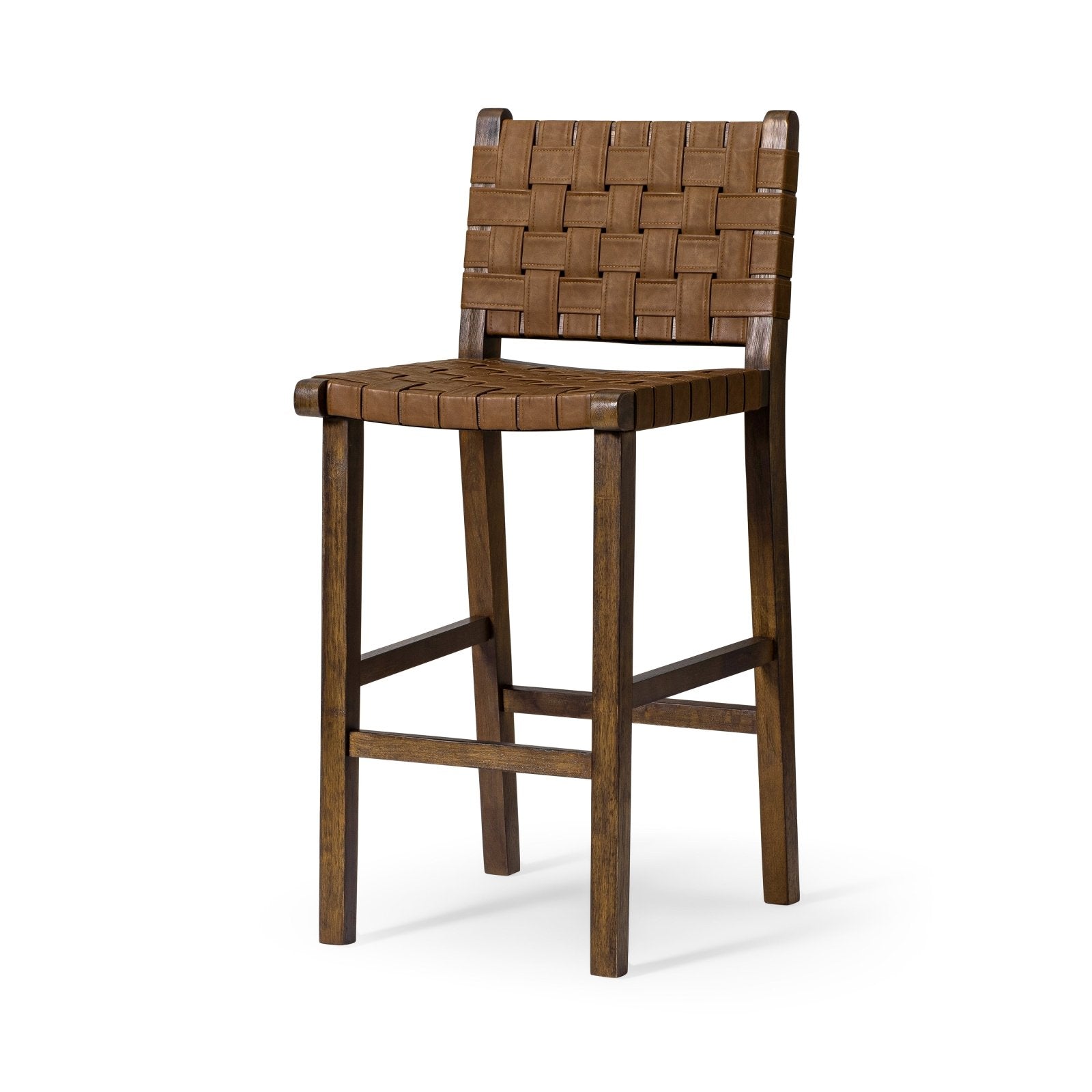 Noah Bar Stool In Brown Finish & Brown Woven Faux Leather Seat in Stools by Maven Lane