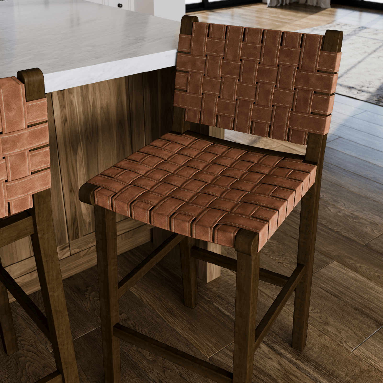 30" Noah Bar Stool in Aged Brown Finish with Cocoa Brown Vegan Leather in Stools by Maven Lane