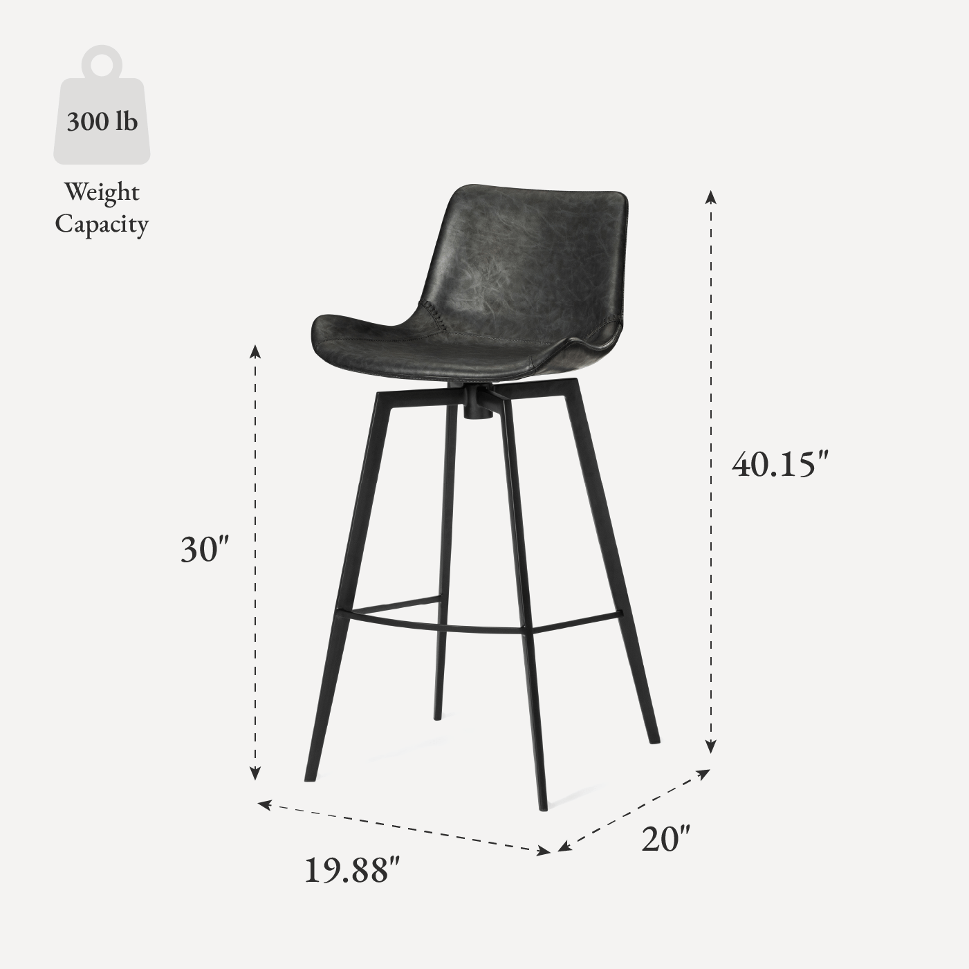 30" Victor Bar Stool in Matte Black Frame with Charcoal Vegan Leather in Maven Lane by Maven Lane