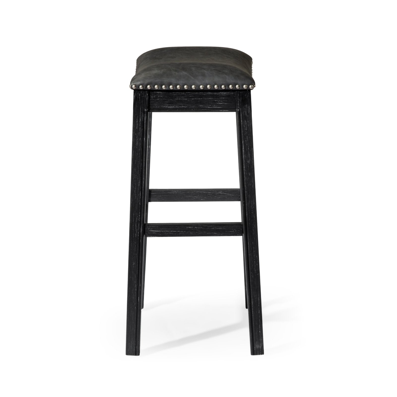 31" Adrien Saddle Bar Stool in Black Finish with Dark Grey Faux Leather Upholstery in Stools by Maven Lane