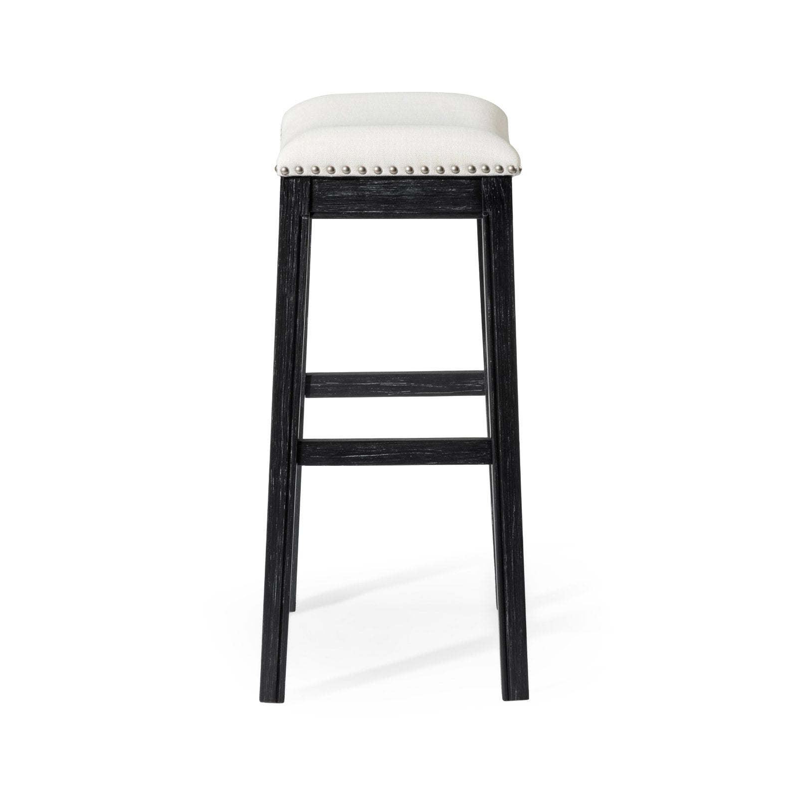 31" Adrien Saddle Bar Stool in Aged Black Finish with Snow White Fabric Upholstery in Stools by Maven Lane