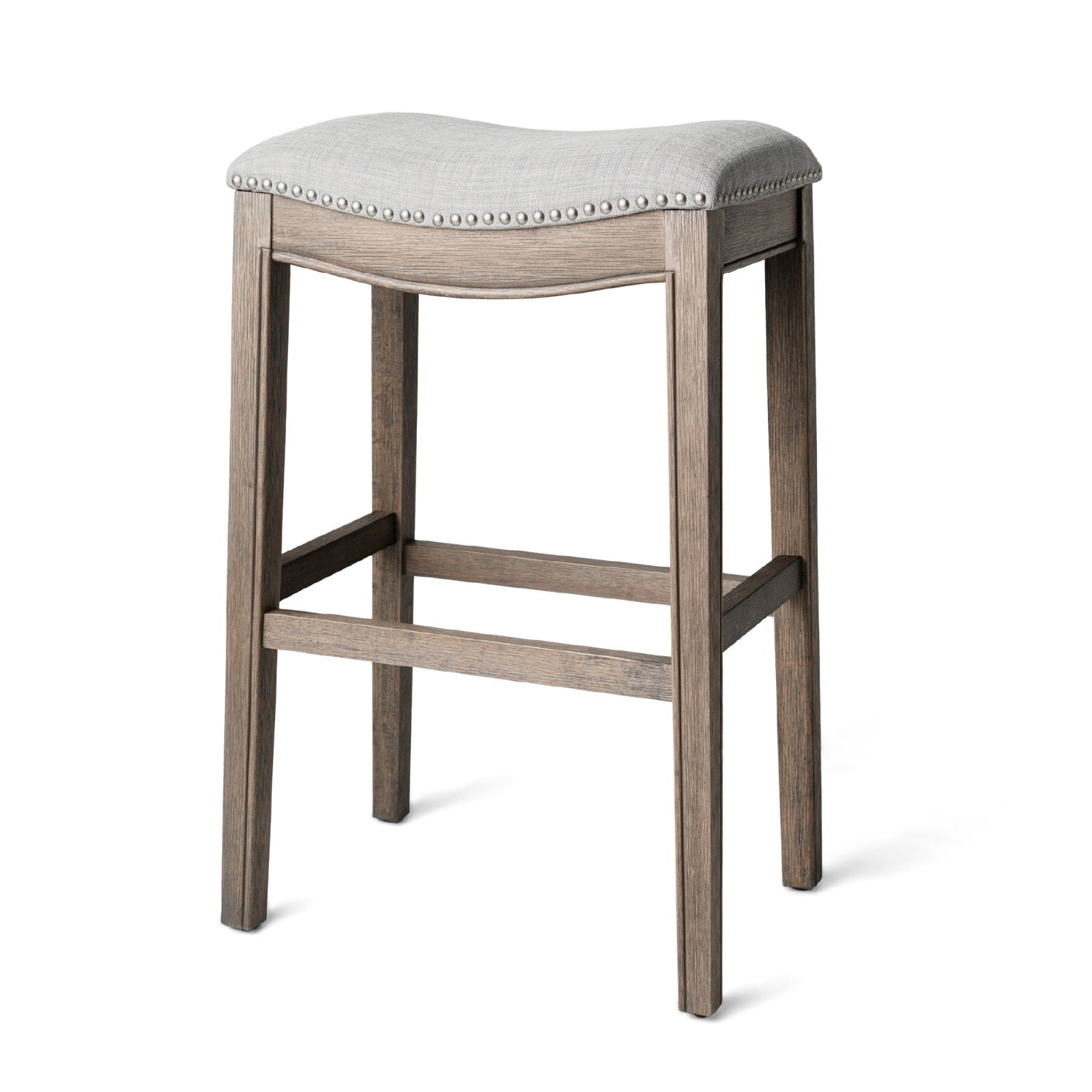 31" Adrien Saddle Bar Stool in Reclaimed Oak Finish with Ash Grey Fabric Upholstery in Stools by Maven Lane