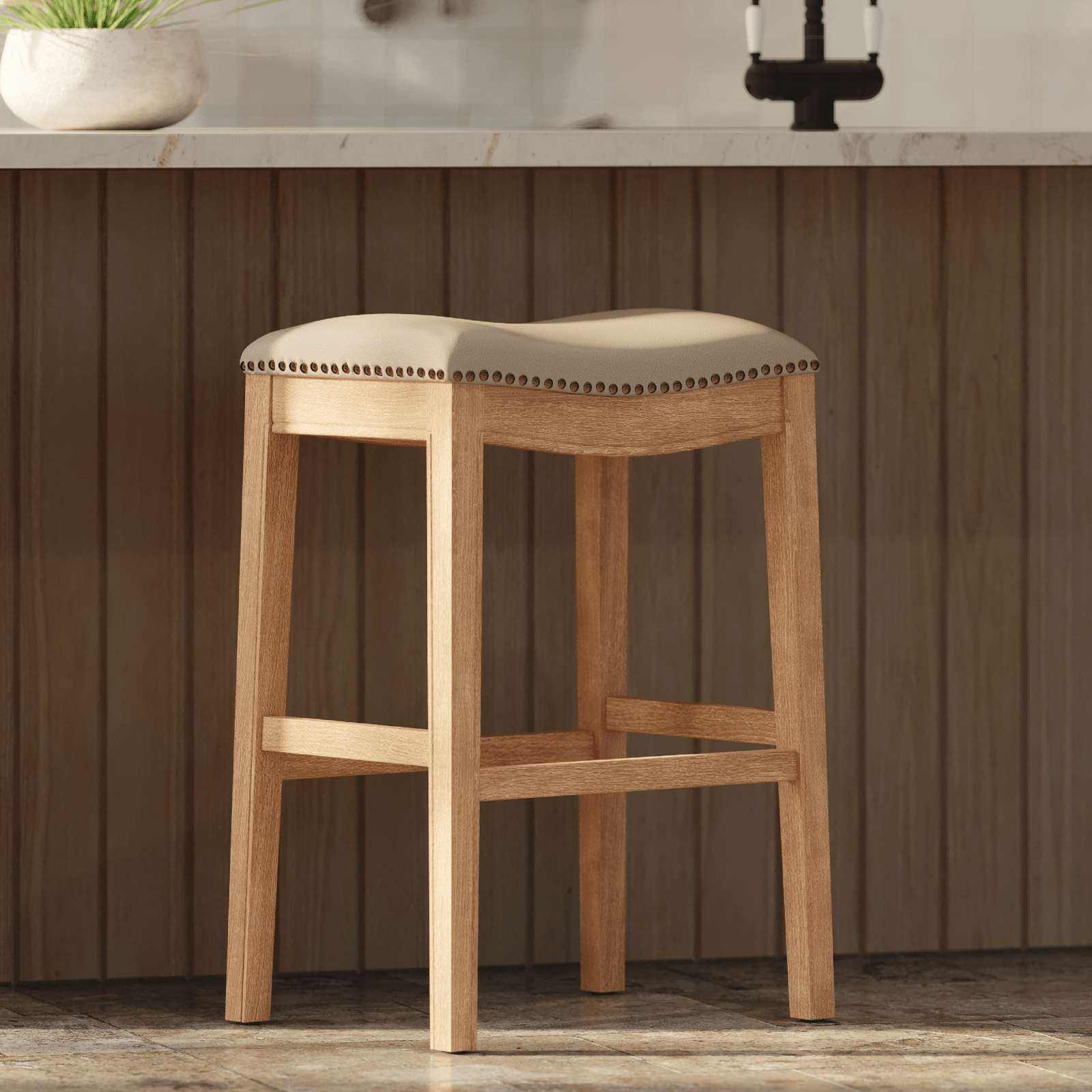 31" Adrien Saddle Bar Stool in Weathered Oak Finish with Avanti Bone Vegan Leather in Stools by Maven Lane