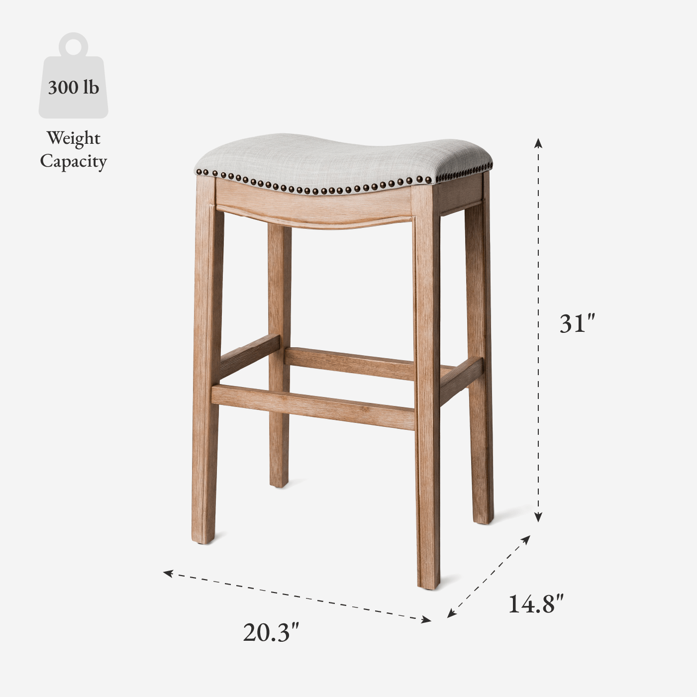 31" Adrien Saddle Bar Stool in Natural Finish with Light Grey Fabric (Set of 4) in Stools by Maven Lane
