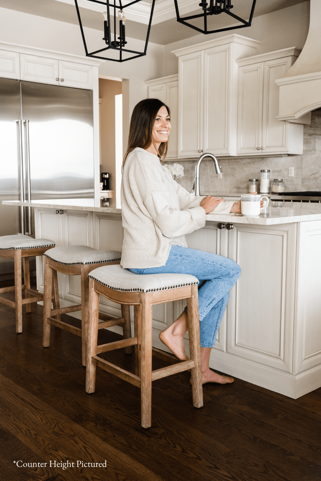 31" Adrien Saddle Bar Stool in Weathered Oak Finish with Sand Color Fabric Upholstery in Stools by Maven Lane