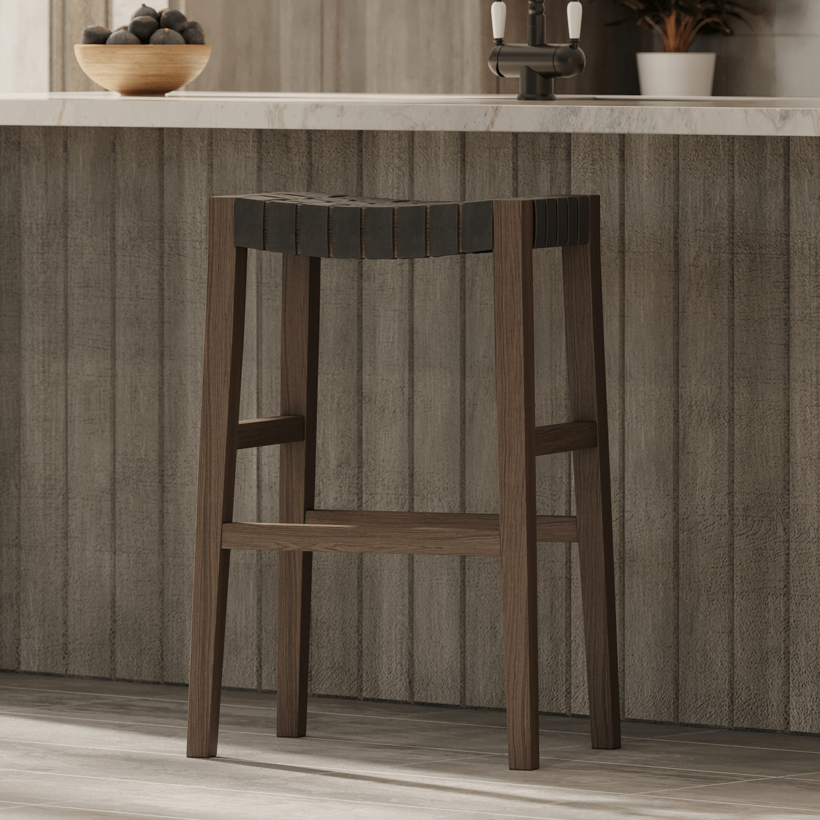 31" Emerson Bar Stool in Weathered Grey Wood Finish with Ronan Stone Vegan Leather in Stools by Maven Lane