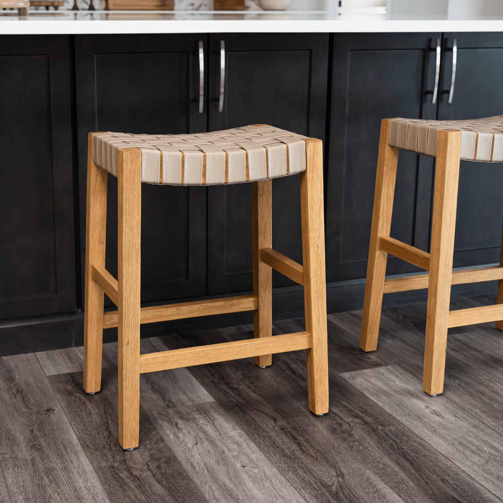 26" Emerson Counter Stool In Natural Finish & Beige Woven Leather Seat (Set of 2) in Stools by Maven Lane
