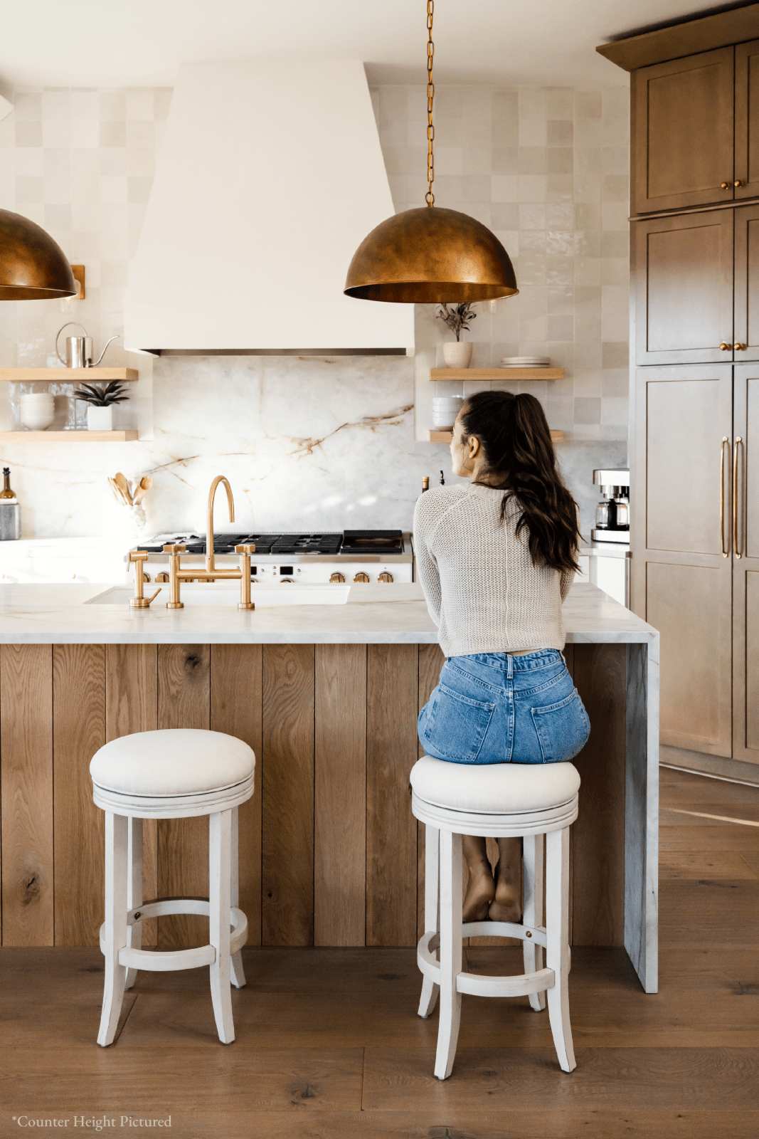 31" Eva Bar Stool in White Oak Finish with Natural Fabric Upholstery in Stools by Maven Lane