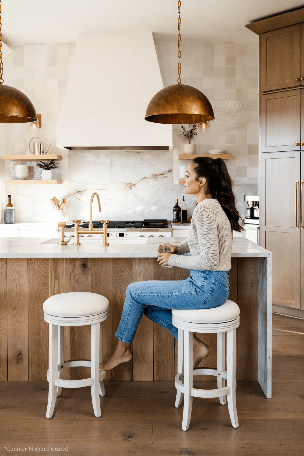 31" Eva Bar Stool in White Oak Finish with Natural Fabric Upholstery in Stools by Maven Lane