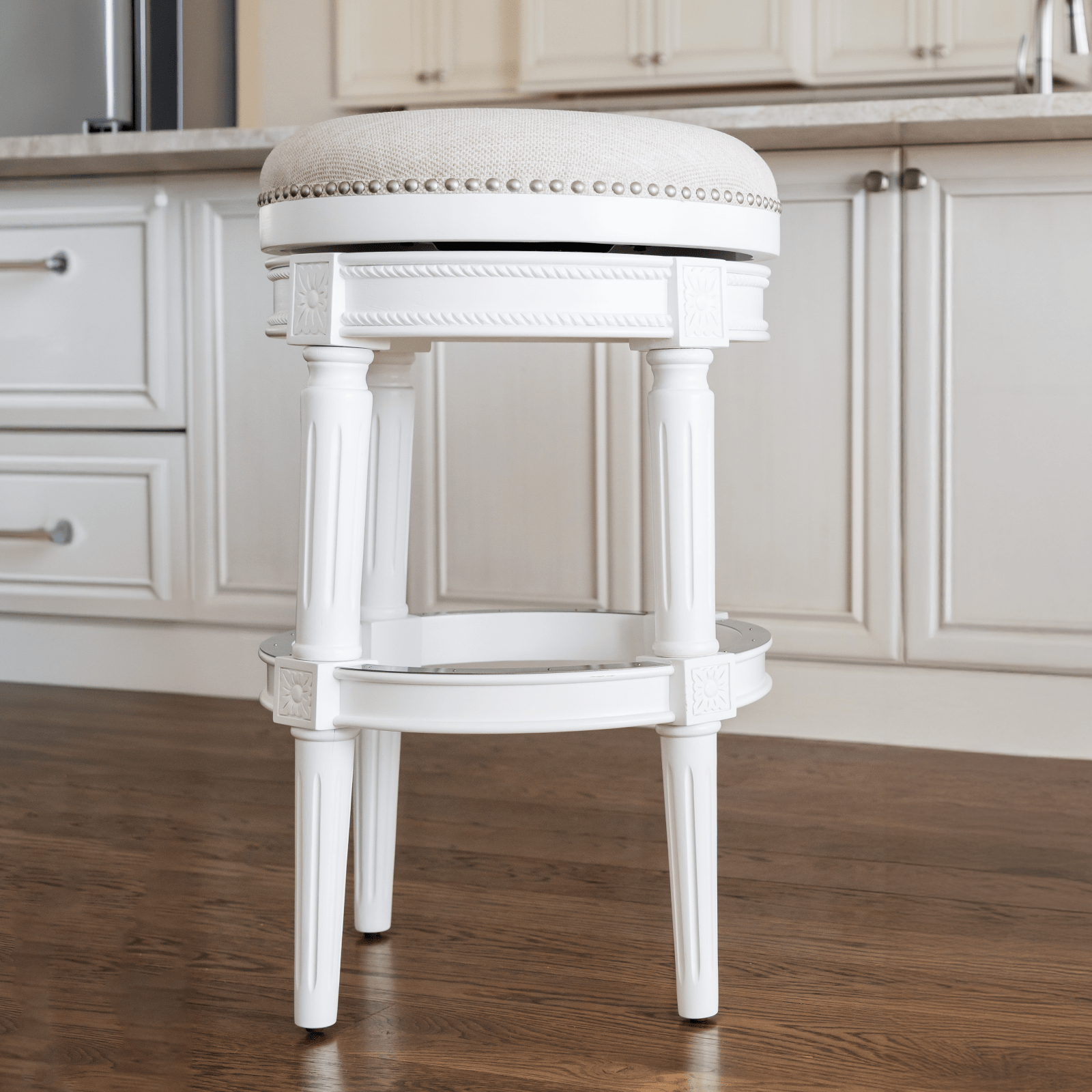 31" Pullman Backless Bar Stool in White Finish with Natural Fabric (Set of 4) in Stools by Maven Lane