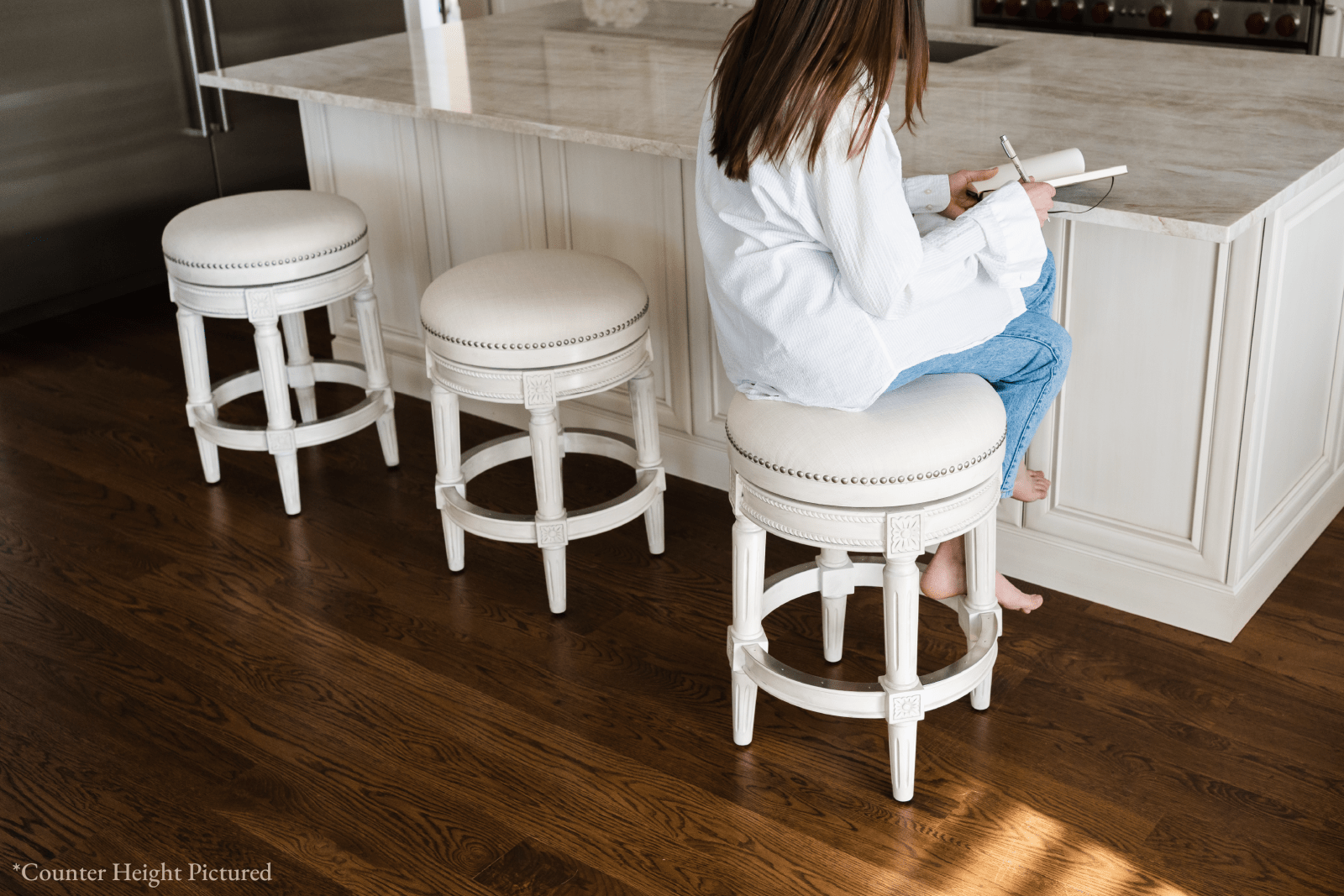 31" Pullman Backless Bar Stool in White Oak Finish with Natural Fabric Upholstery in Stools by Maven Lane