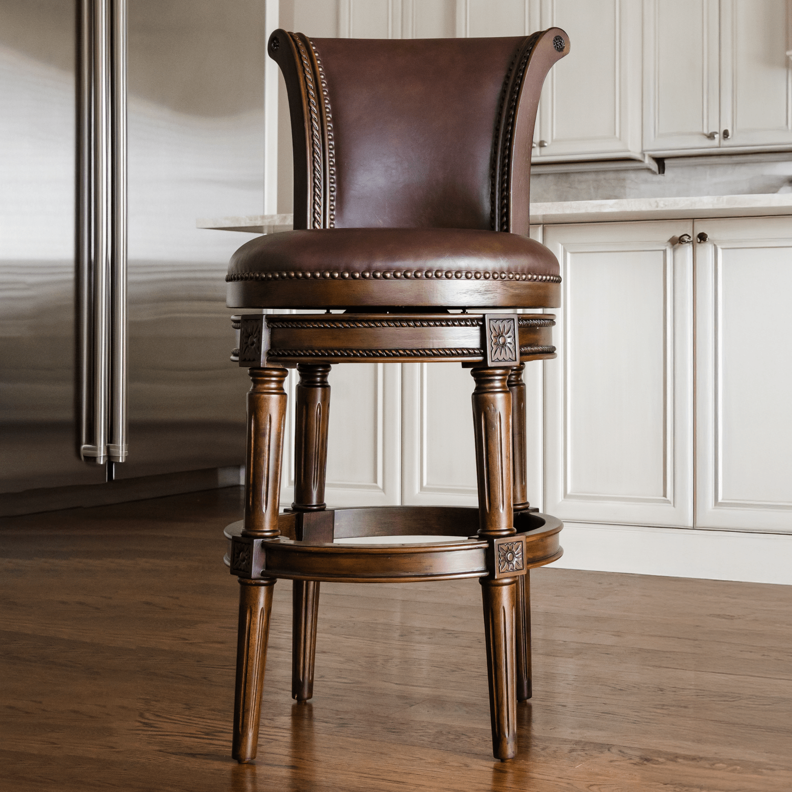 31" Pullman Bar Stool in Dark Brown Finish with Brown Faux Leather (Set of 3) in Stools by Maven Lane