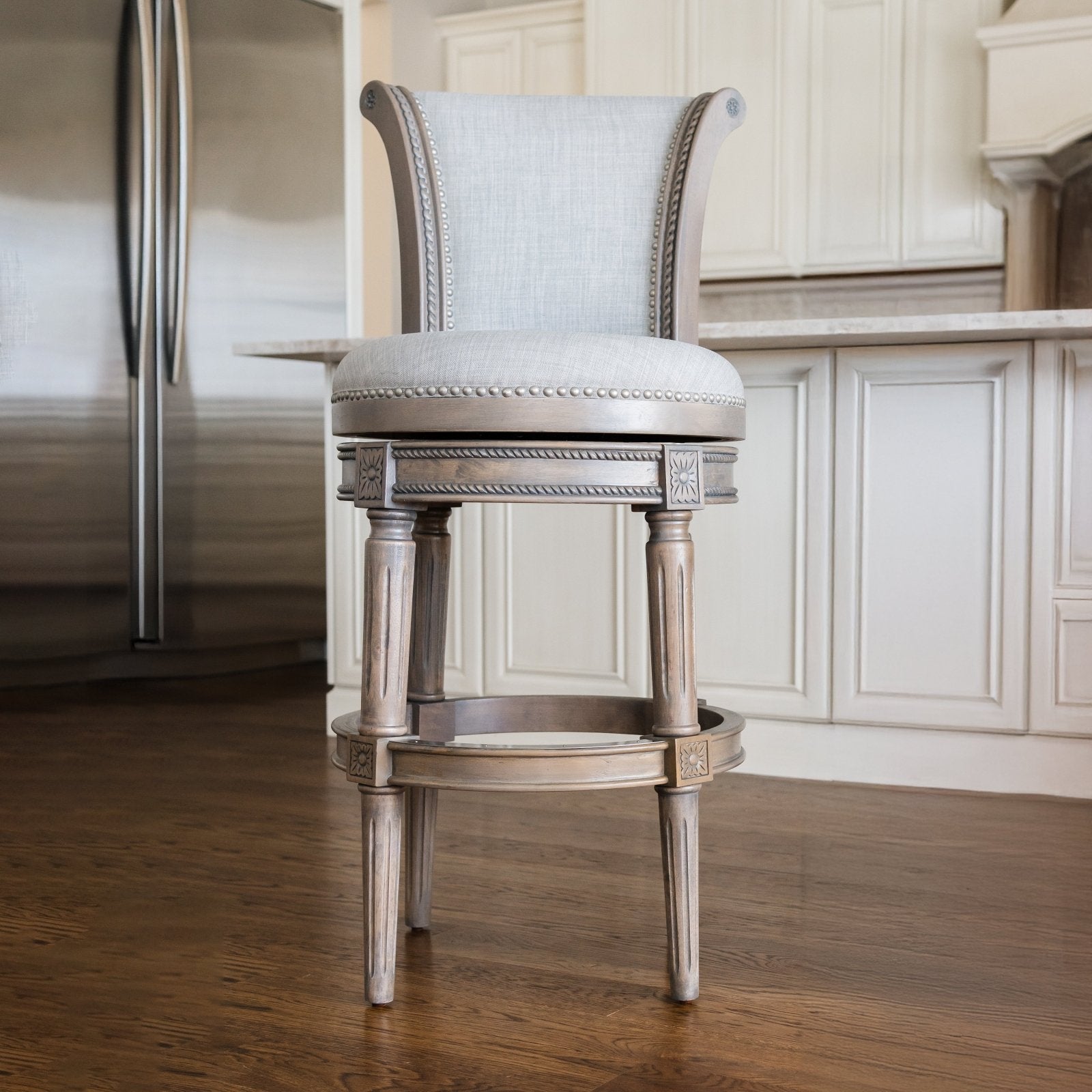 31" Pullman Bar Stool in Reclaimed Oak Finish with Ash Grey Fabric Upholstery in Stools by Maven Lane