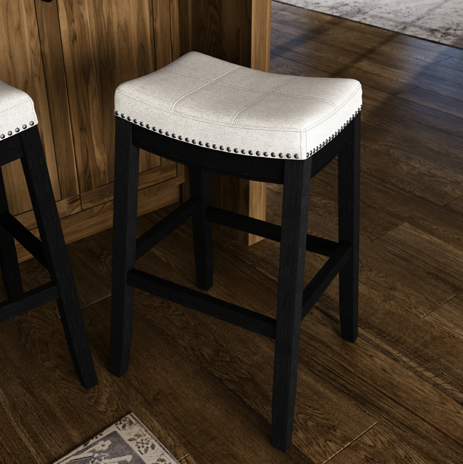 31" Sophia Backless Bar Stool in Aged Black Finish with Snow White Fabric in Stools by Maven Lane