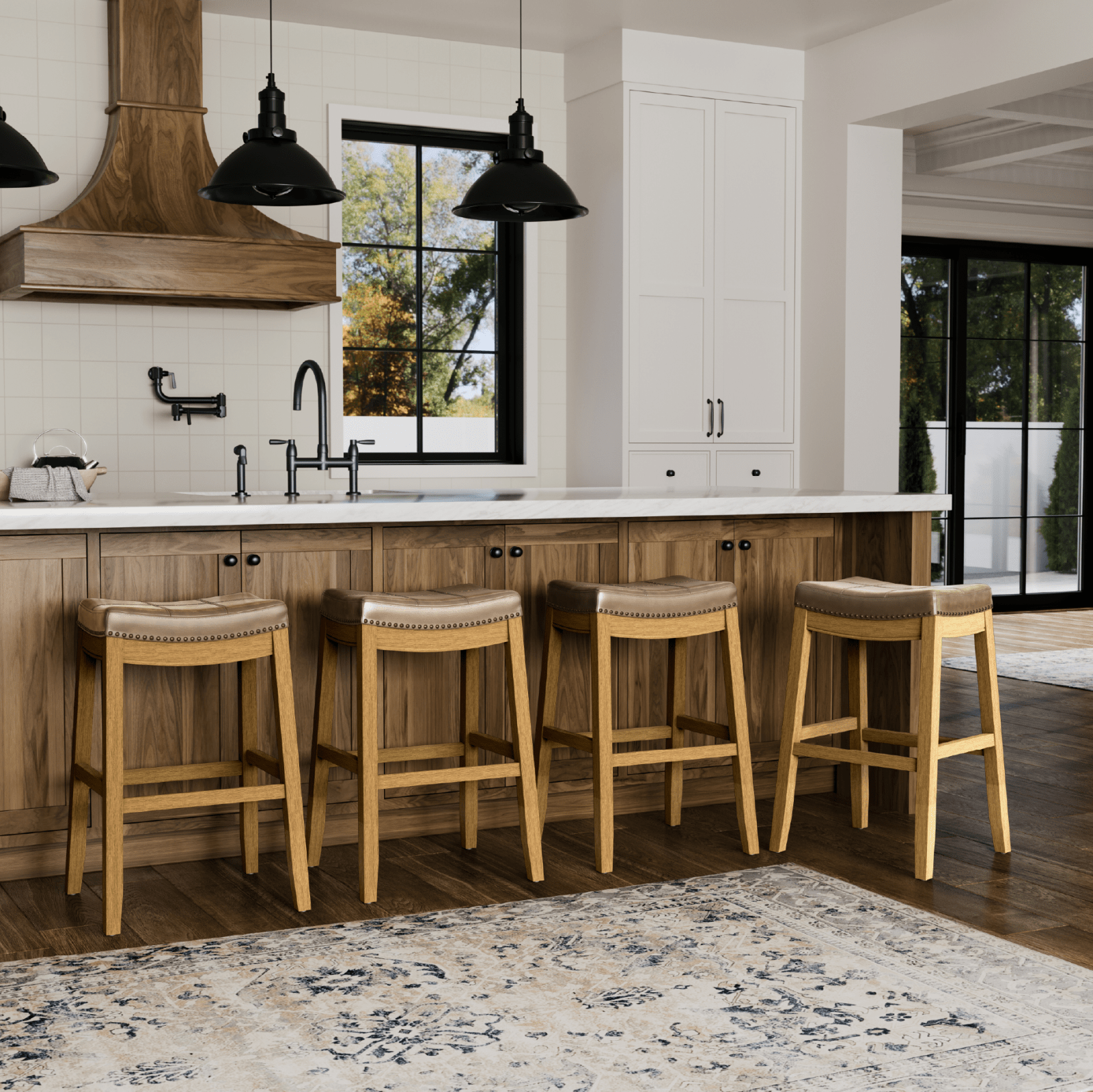 31" Sophia Bar Stool in Natural Finish with Beige Faux Leather in Stools by Maven Lane