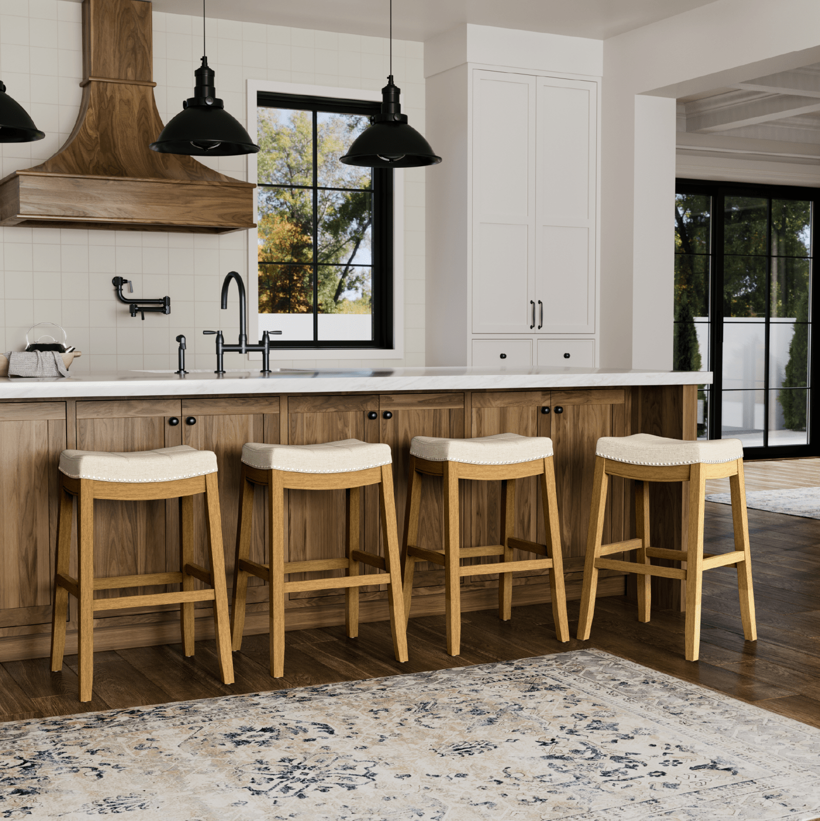 31" Sophia Backless Bar Stool in Aged Natural Finish with Light Beige Fabric in Stools by Maven Lane