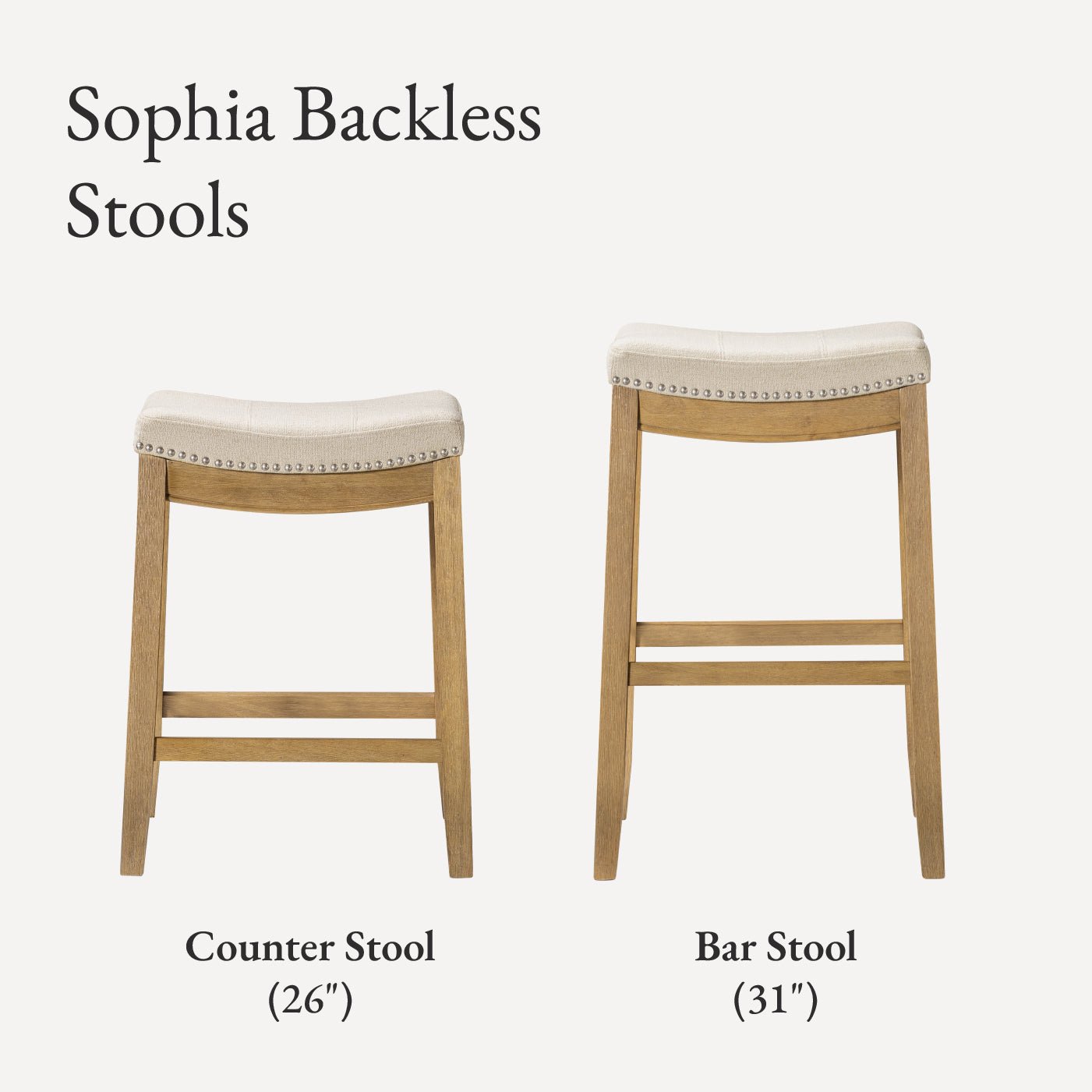31" Sophia Backless Bar Stool in Aged Natural Finish with Light Beige Fabric in Stools by Maven Lane
