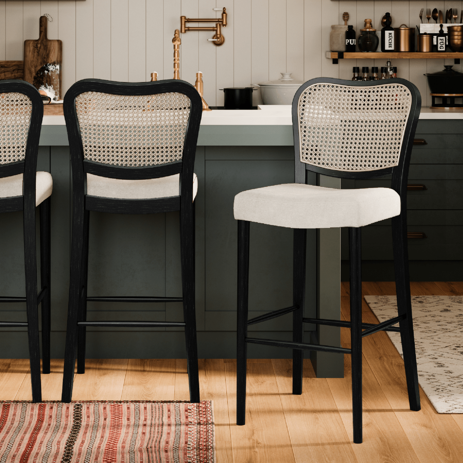 31" Vera Bar Stool in Black Finish with White Fabric Upholstery in Stools by Maven Lane