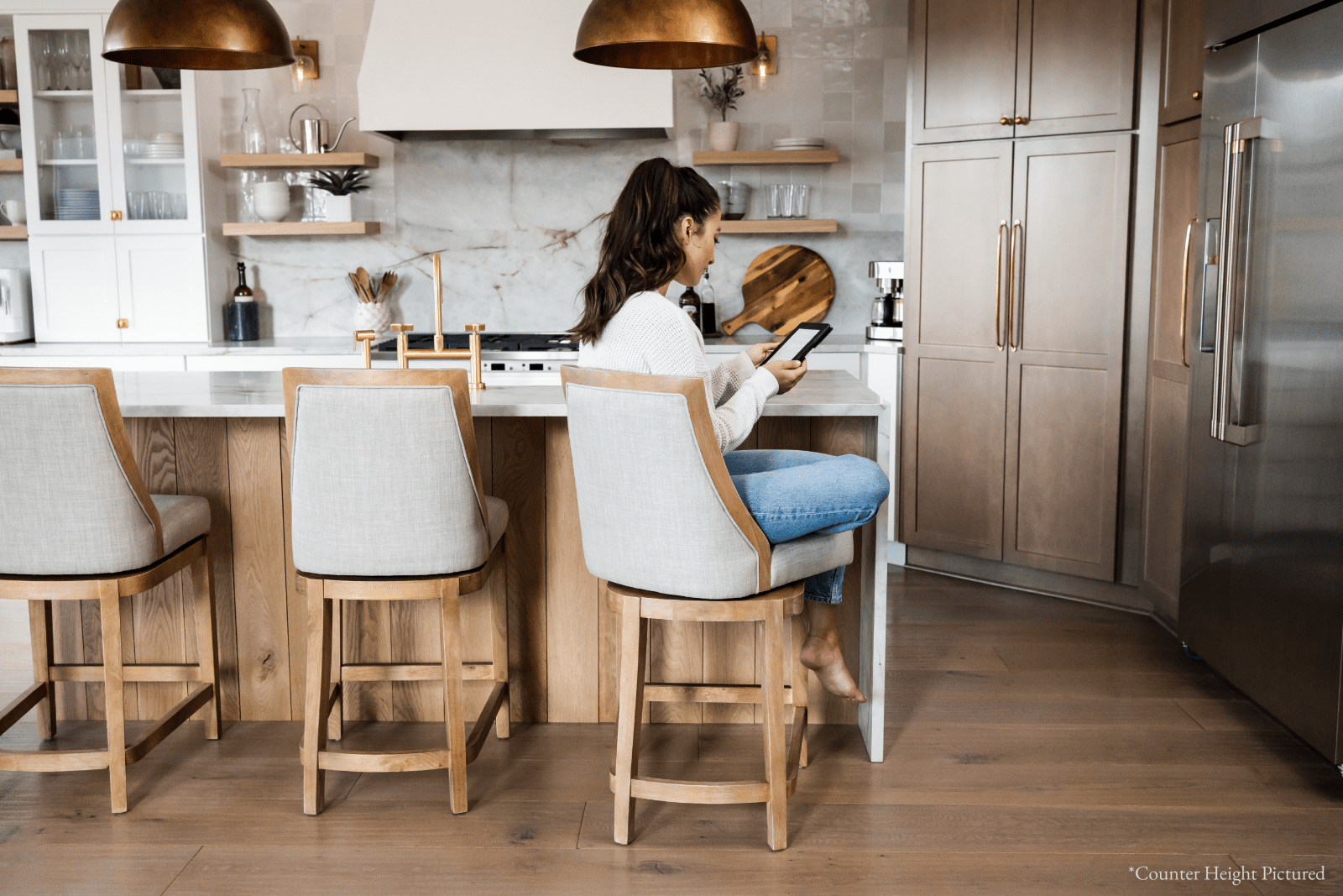 31" Vienna Swivel Bar Stool in Weathered Oak Finish with Sand Color Fabric Upholstery in Stools by Maven Lane
