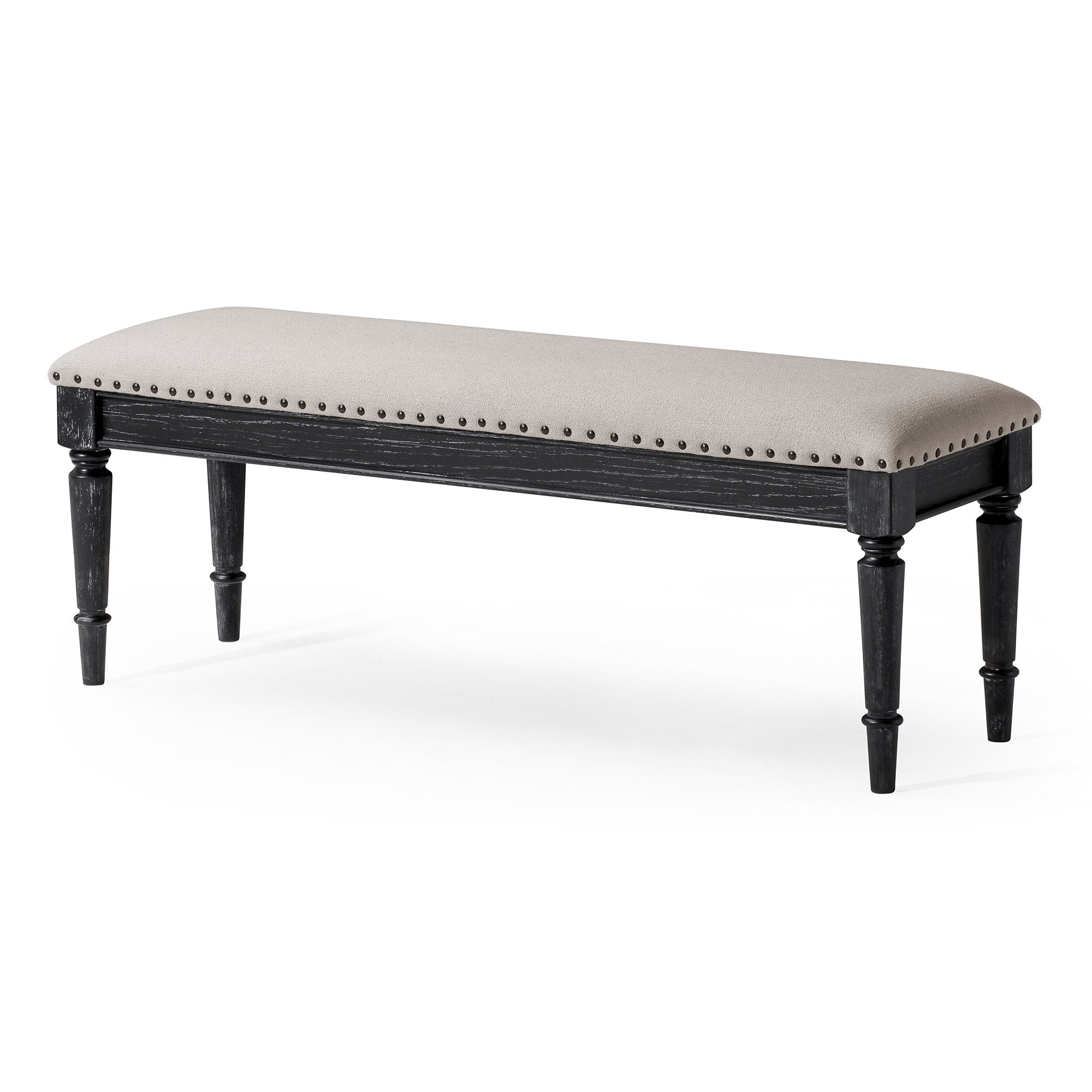 Elizabeth Classical Upholstered Wooden Bench in Antiqued Black Finish in Ottomans & Benches by Maven Lane